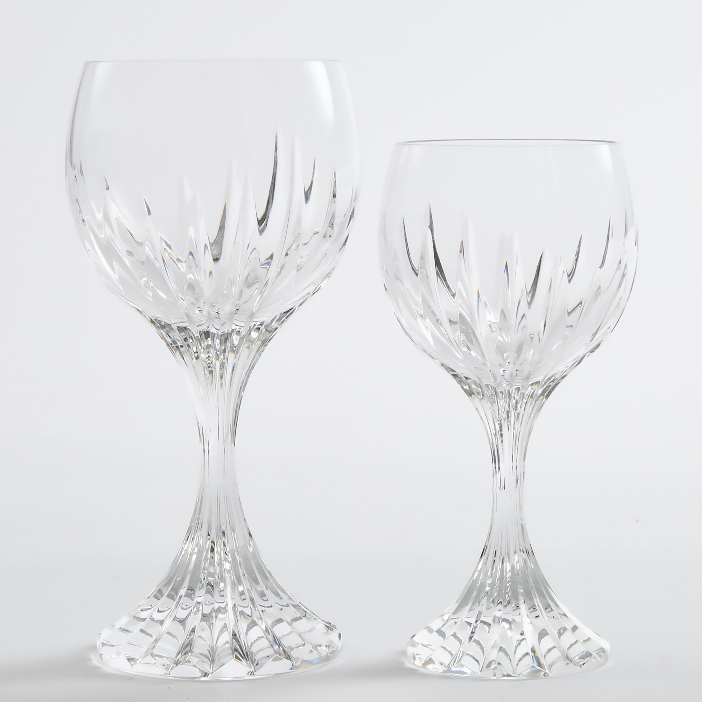 Twelve Baccarat 'Massena' Cut Glass Red Wines and Twelve White Wine Glasses, 20th century