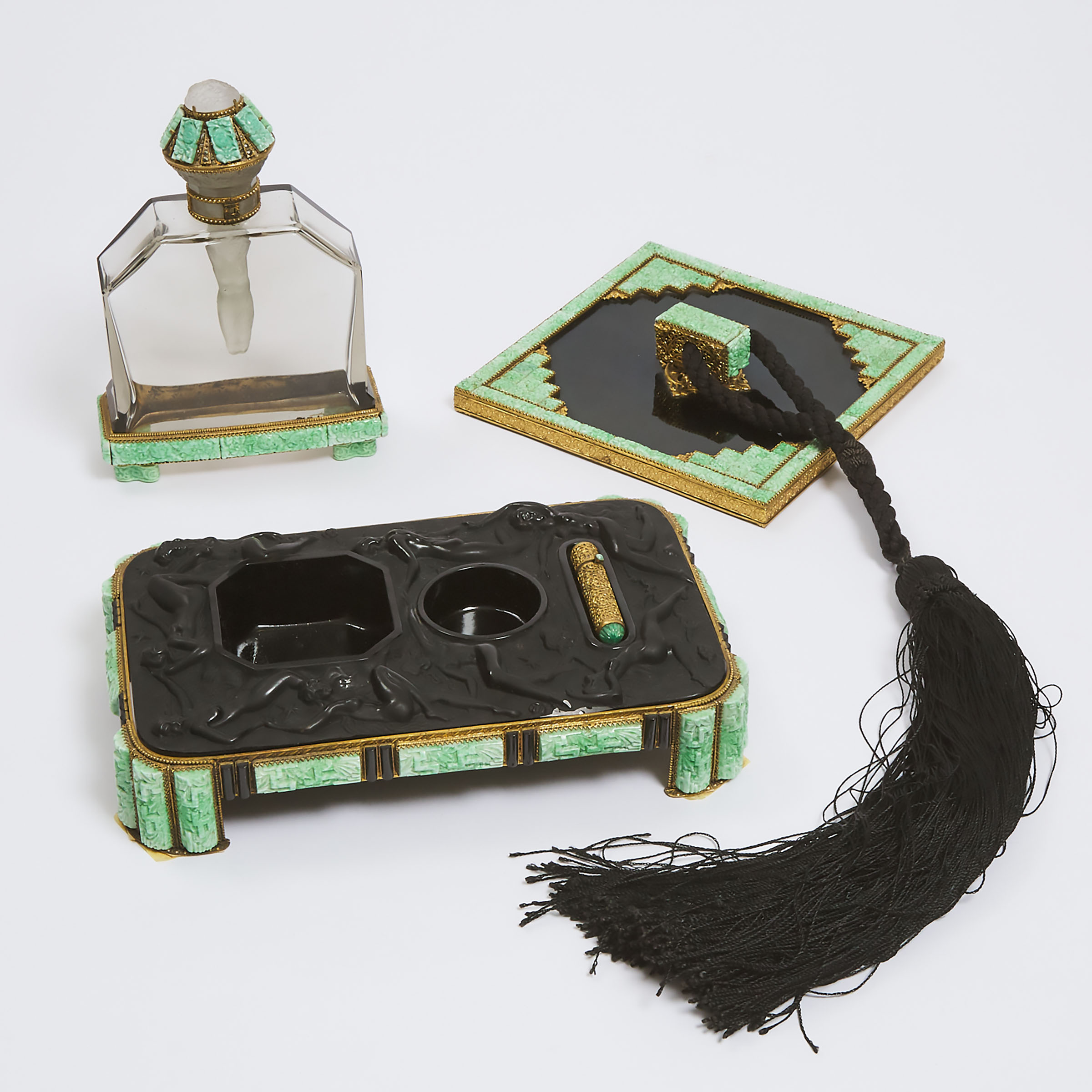 Bohemian Art Deco Moulded Black and 'Jade' Glass Dressing Table Set, 1920s