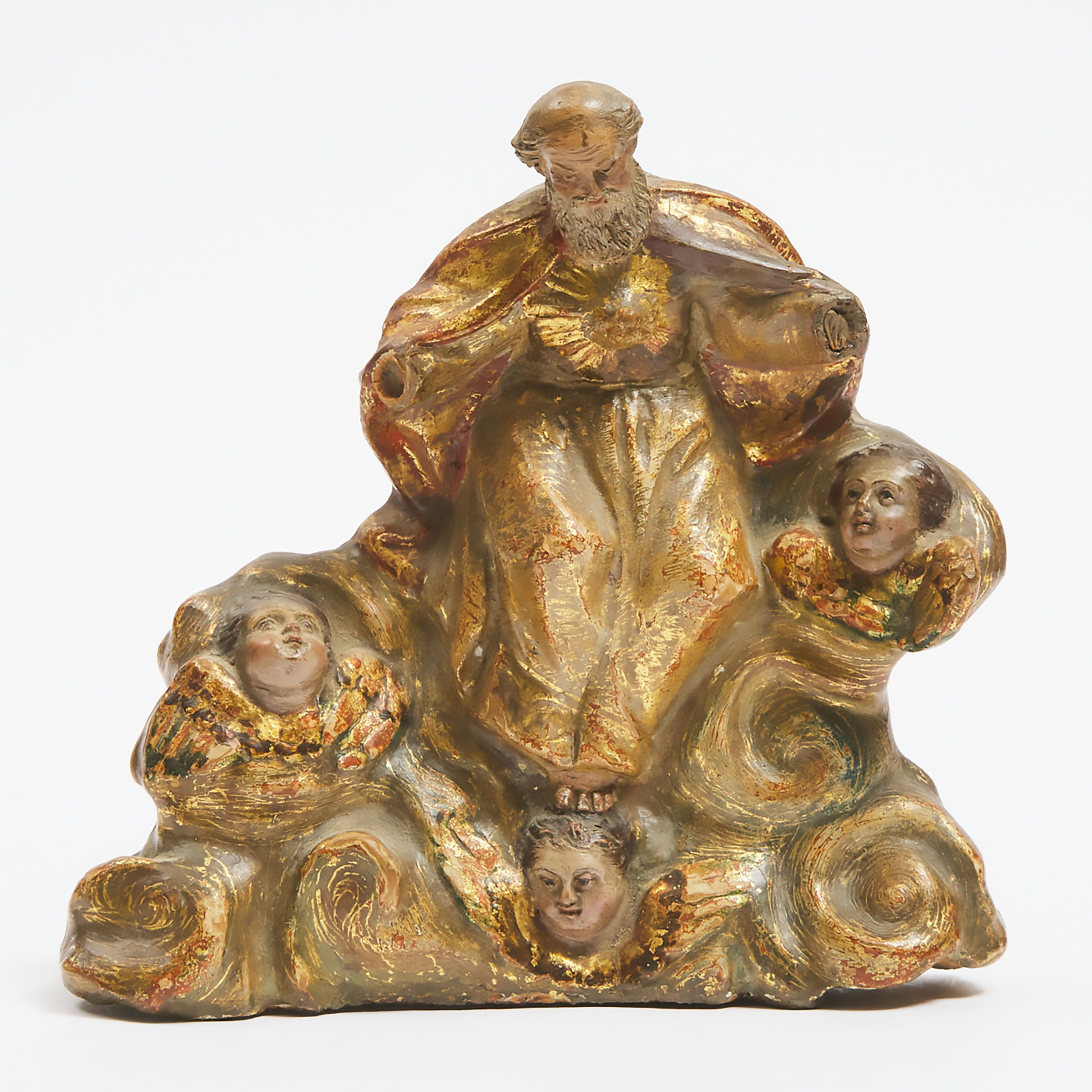 Italian Polychromed and Parcel Gilt Terra Cotta Group of God the Father Amongst Clouds and Cherubs, 19th/early 20th century