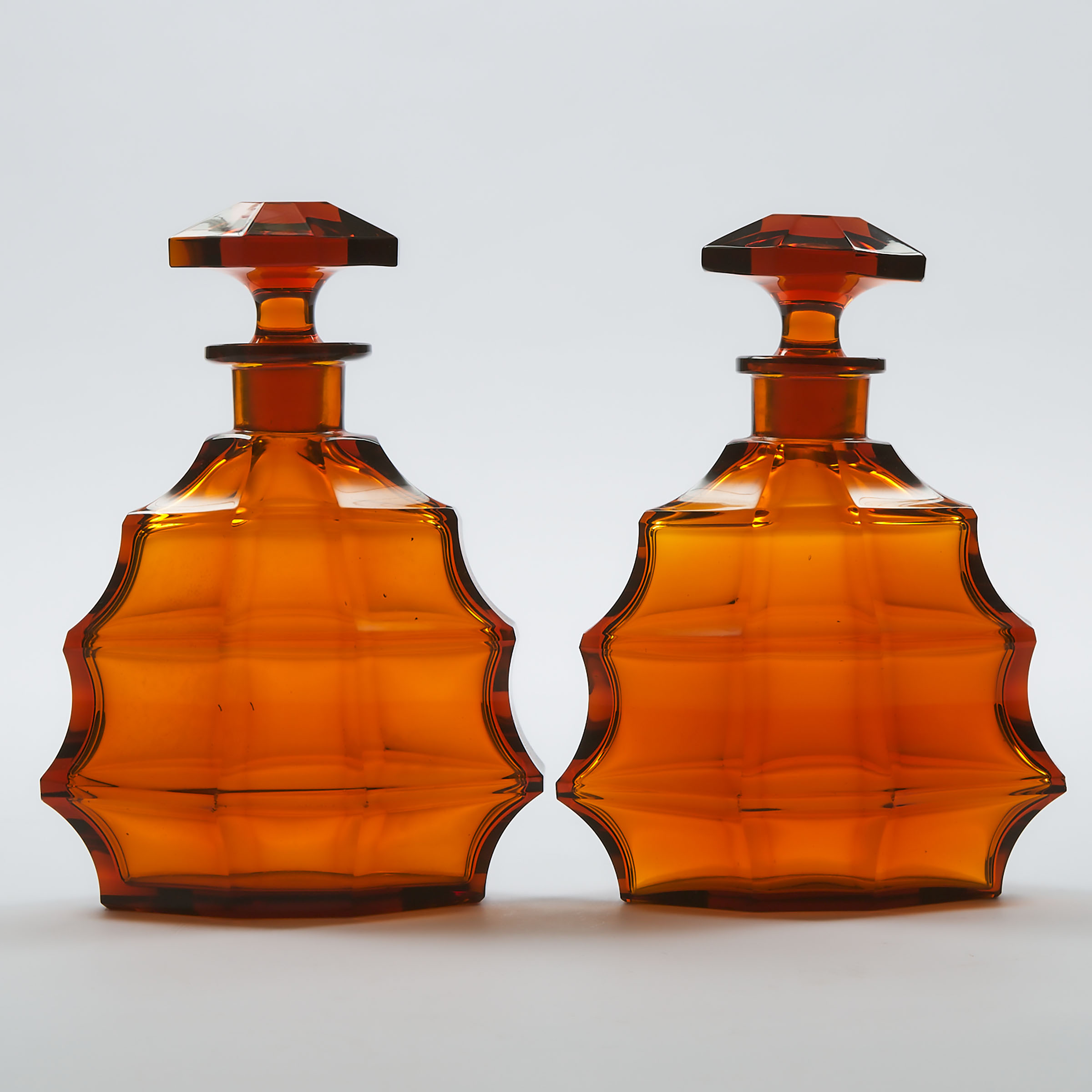 Pair of Moser Cut Amber Glass Decanters, 20th century