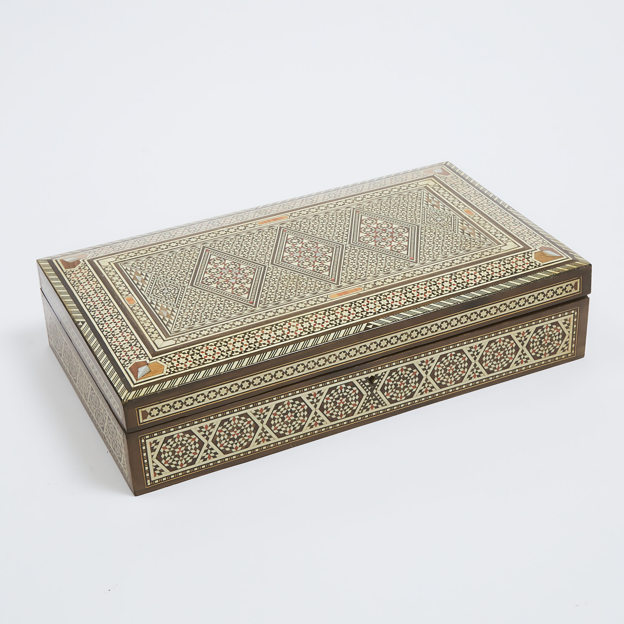 Indian Ivory and Abalone Micro Mosiac Inlaid Sandalwood Box, Vizagapatam, mid 20th century