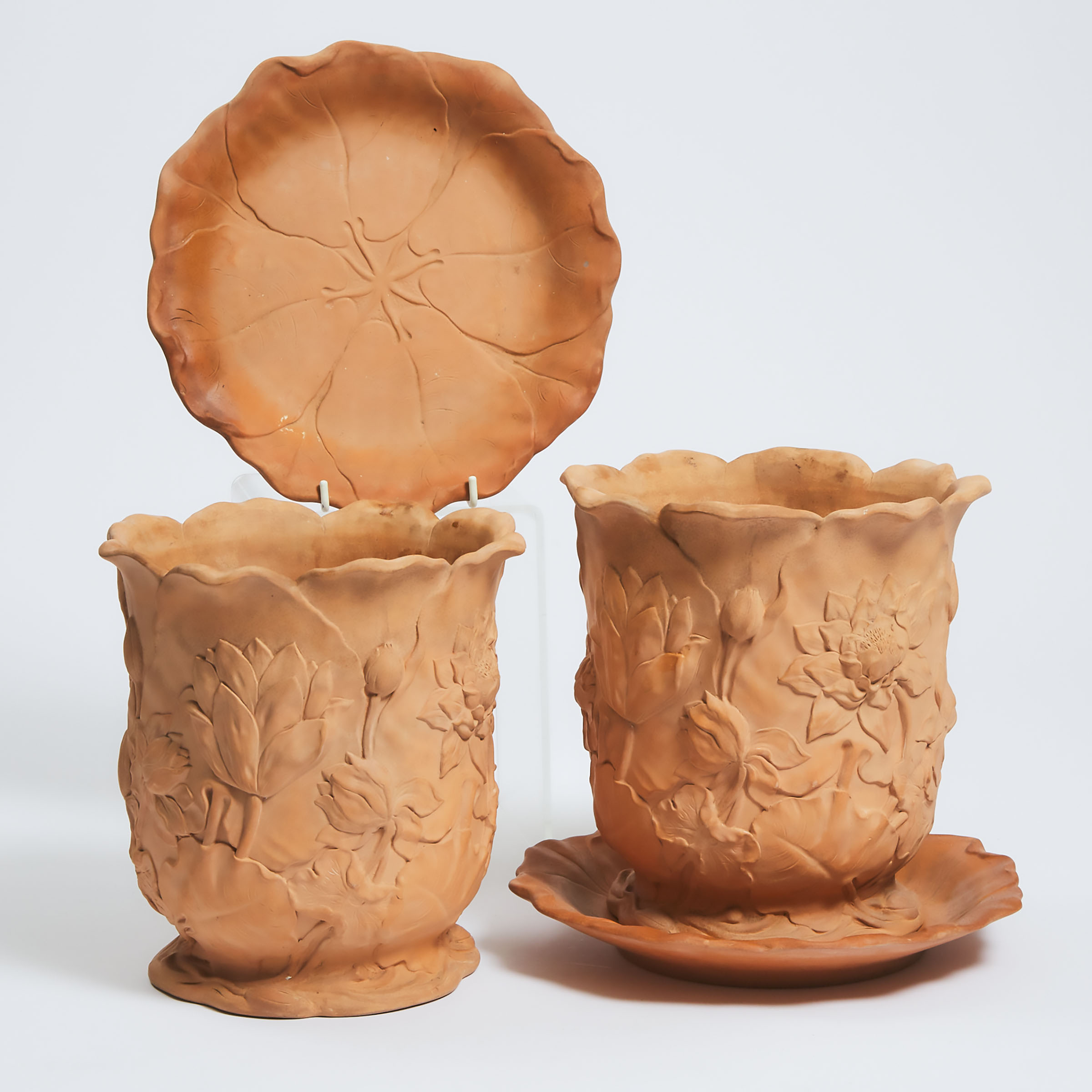 Pair of Victorian Moulded Terracotta Fern Pots and Stands, mid-19th century