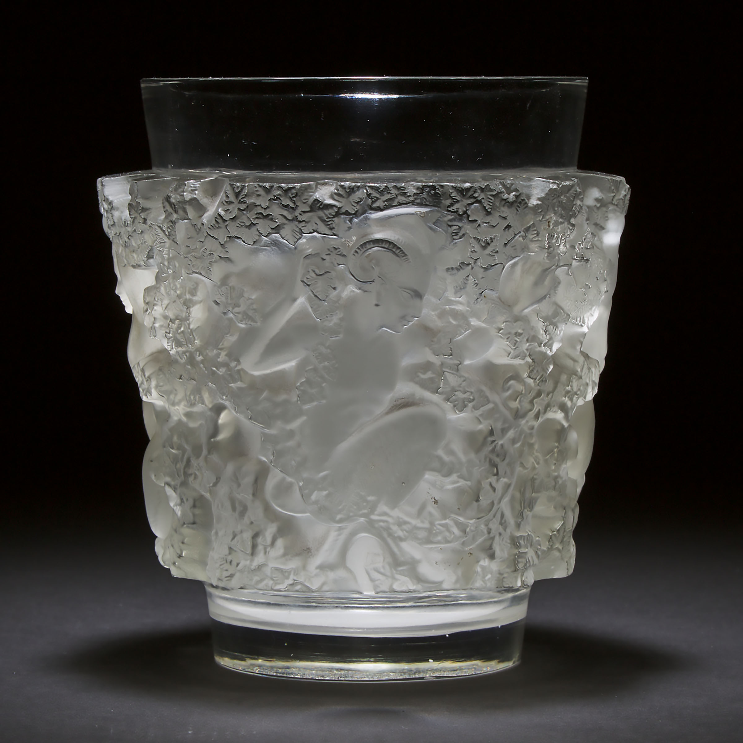 'Bacchus', Lalique Moulded and Partly Frosted Glass Vase, post-1945