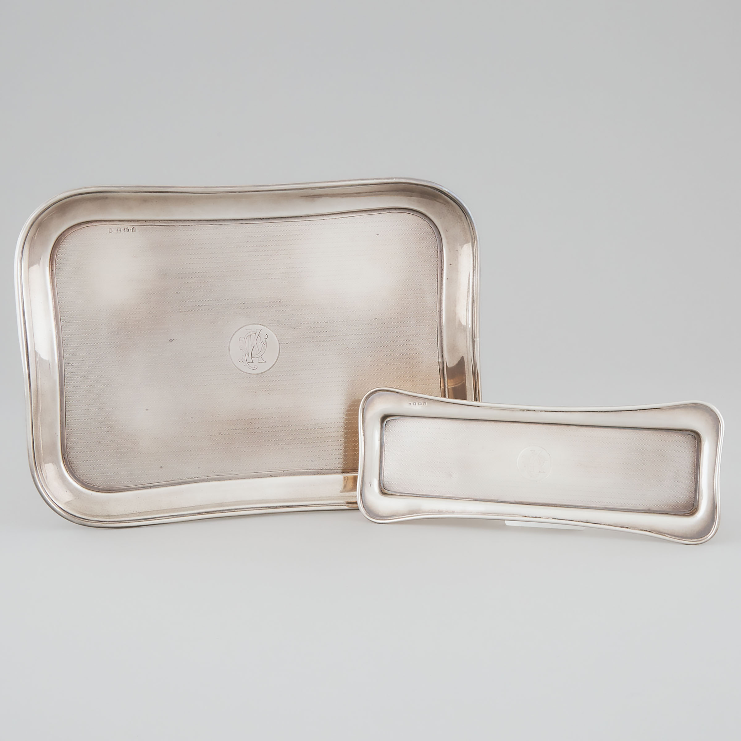 Late Victorian Silver Rectangular Dressing Table Tray and a Pin Tray, Charles S. Green & Co., Birmingham, 1899