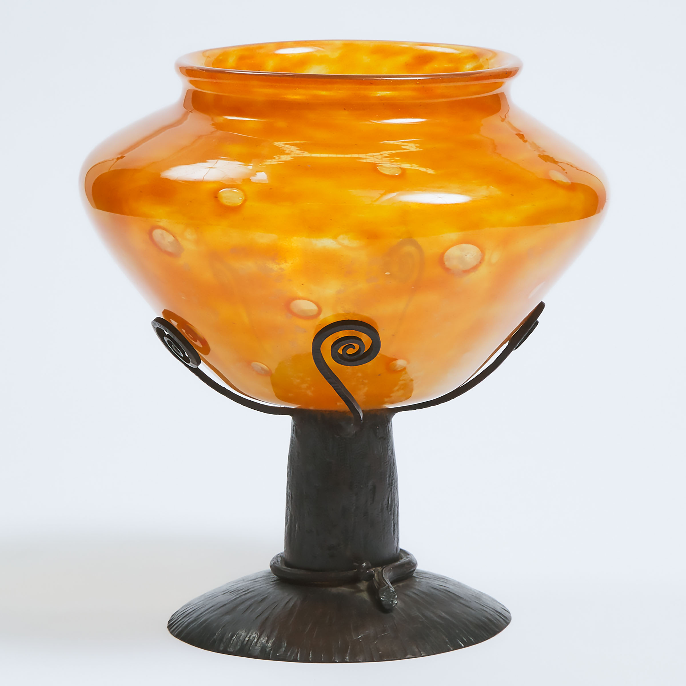 French Wrought Iron Mounted Mottled Orange Glass Vase, probably Schneider, 1920s