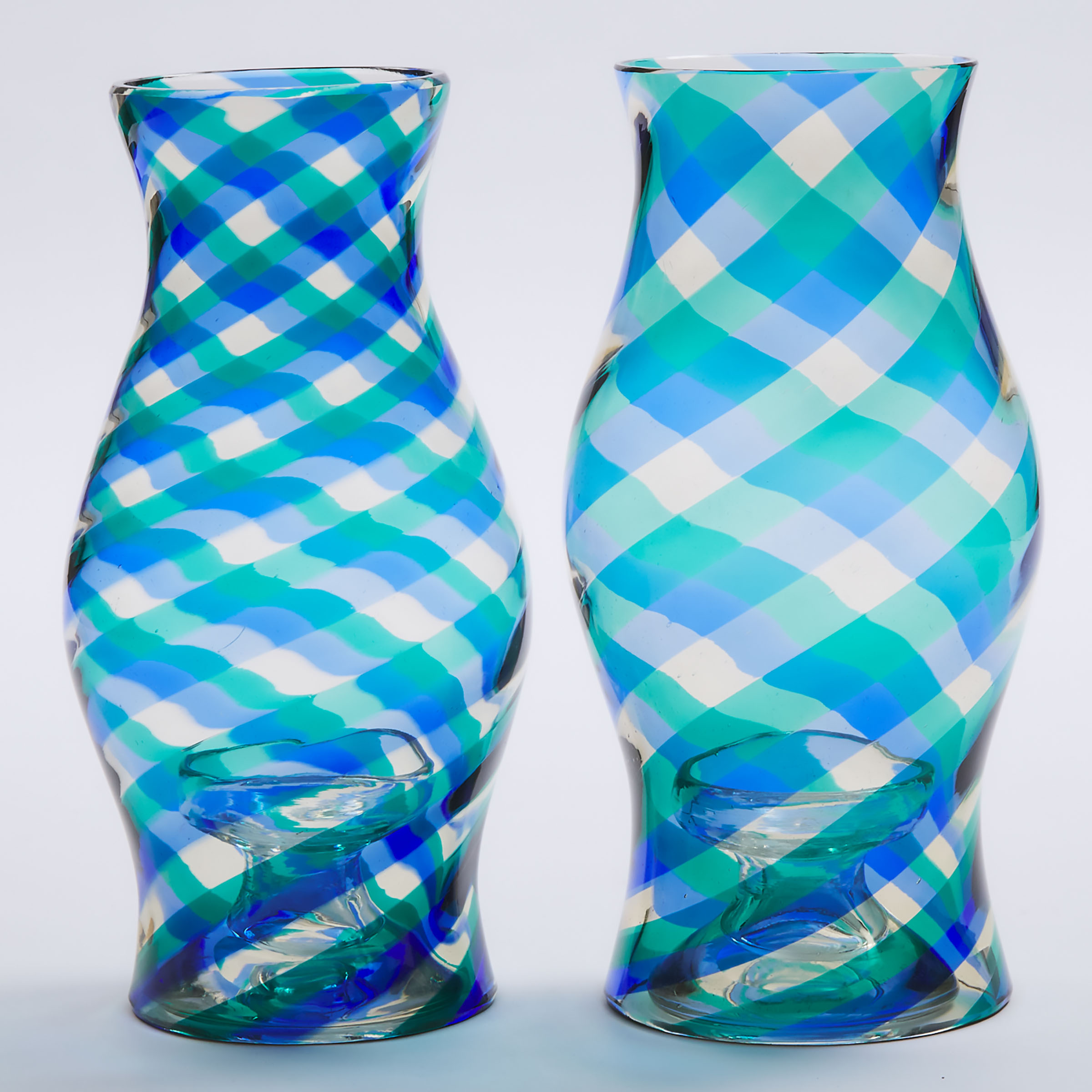 Pair of Venini Glass Low Candlesticks with Blue and Green Striped Hurricane Shades, mid-20th century