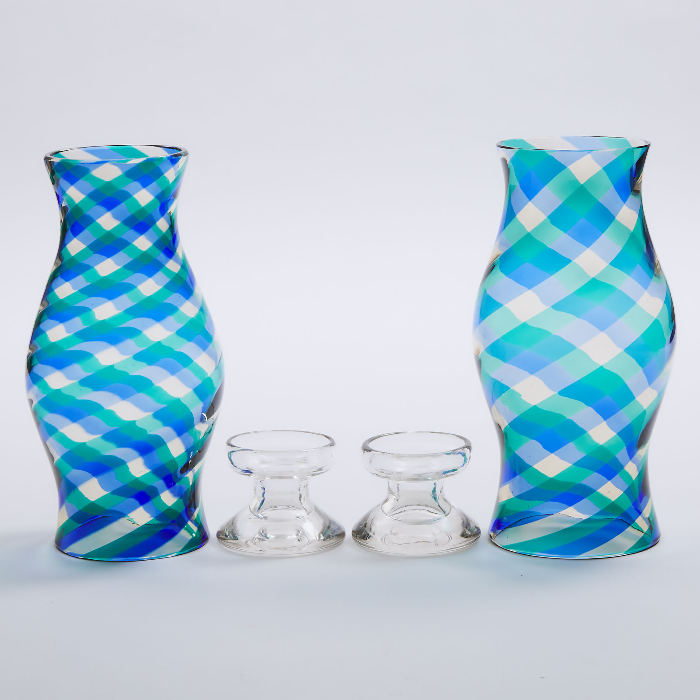Pair of Venini Glass Low Candlesticks with Blue and Green Striped Hurricane Shades, mid-20th century