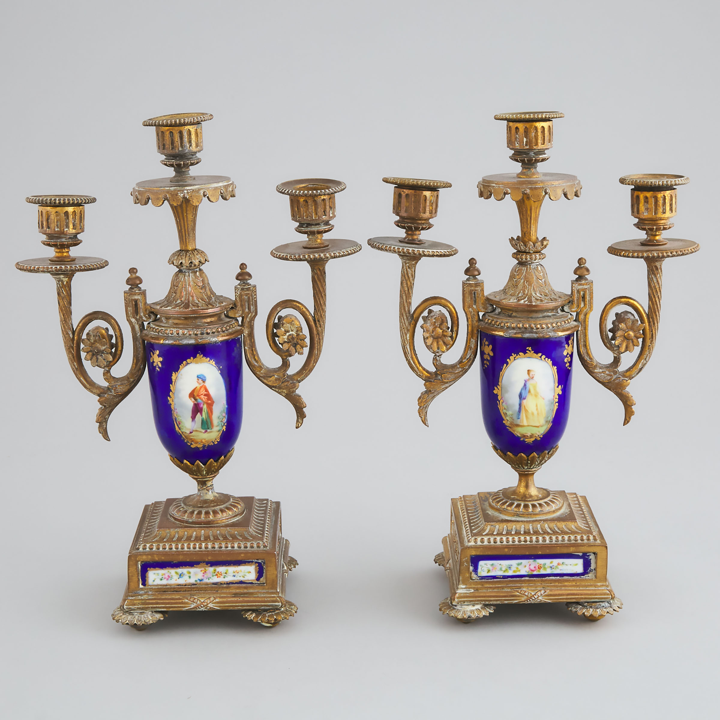 Pair of Louis XVI Style 'Sèvres' Porcelain Mounted Candelabras, late 19th century
