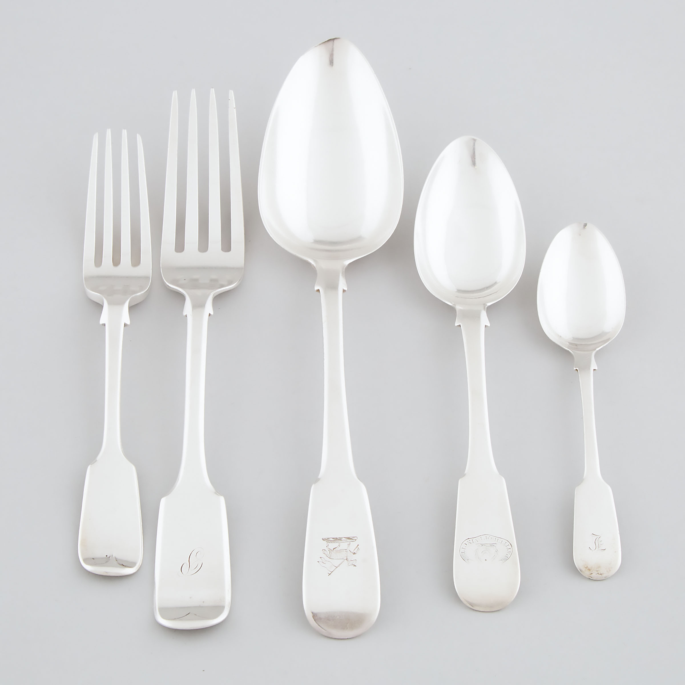Assembled Georgian and Victorian Silver Fiddle Pattern Flatware, 19th century