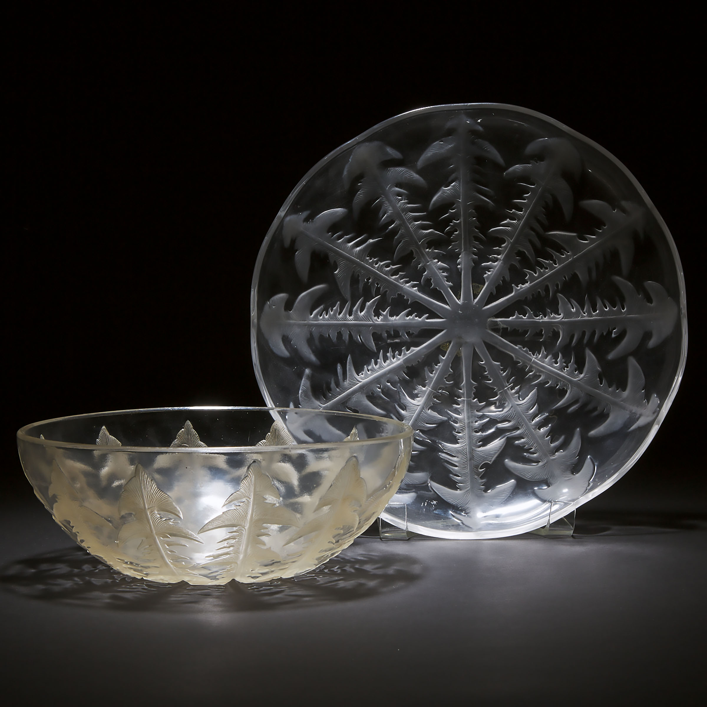 'Pissenlit', Lalique Moulded and Partly Frosted Glass Bowl and a Large Plate, c.1930