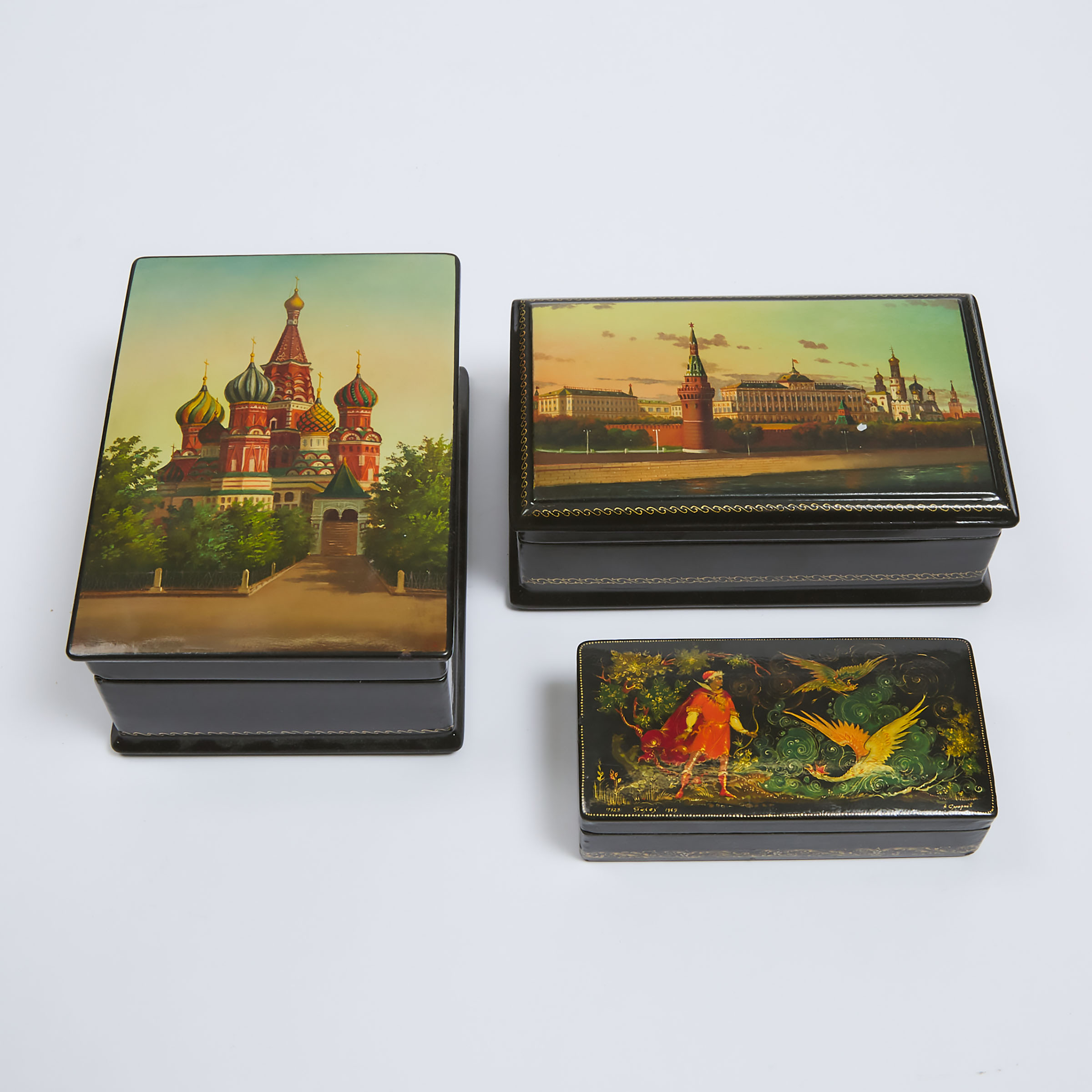Three Soviet Lacquered Boxes, Palekh, mid 20th century