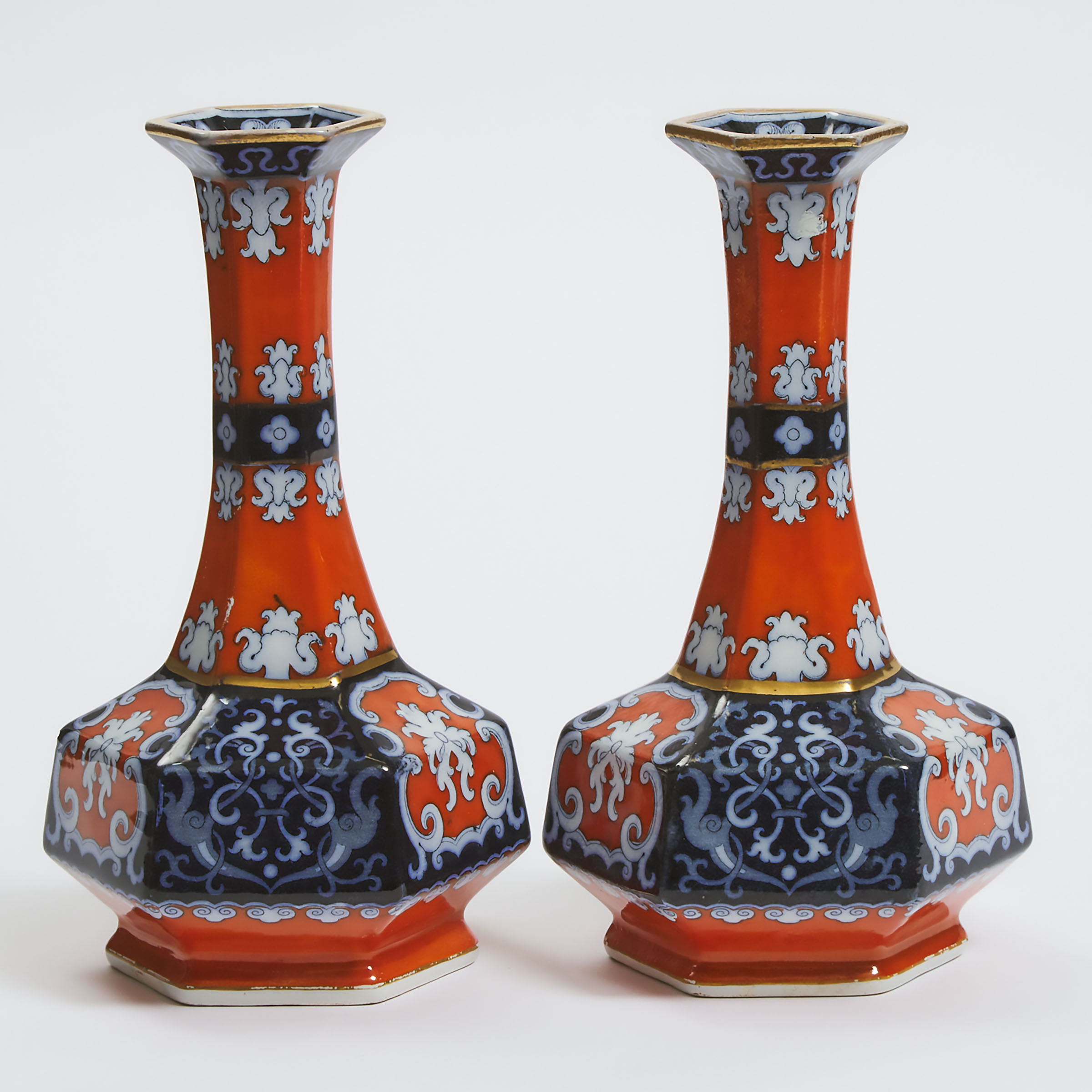 Pair of English Ironstone Hexagonal Vases, mid-19th century