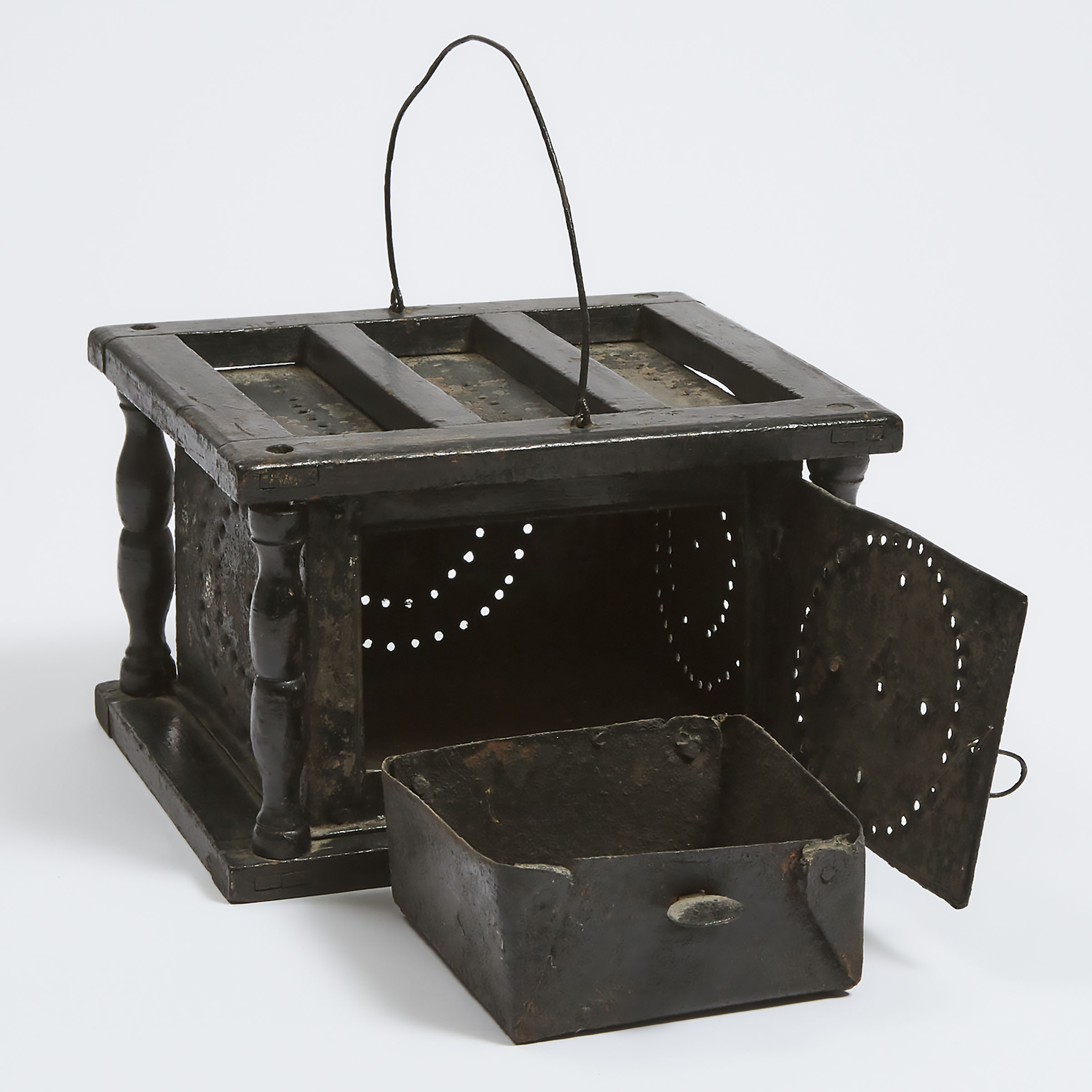 Quebec Pierced Tole and Painted Carriage Wood Foot Warmer, 19th century