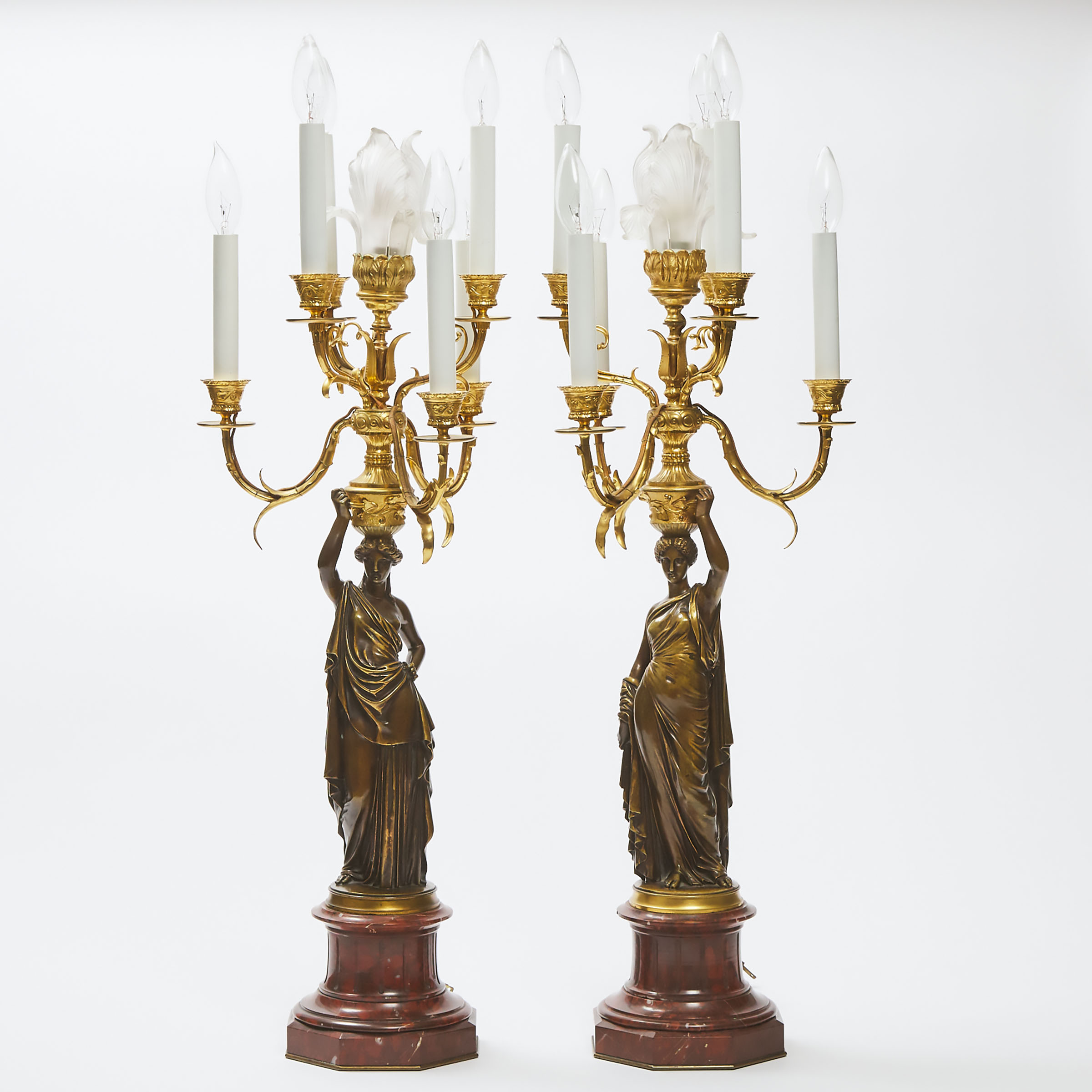 Pair of French Neo Grec Gilt and Patinated Bronze Figural Candelabra after Louis Valentin Elias Robert (French, 1821-1874), c.1860