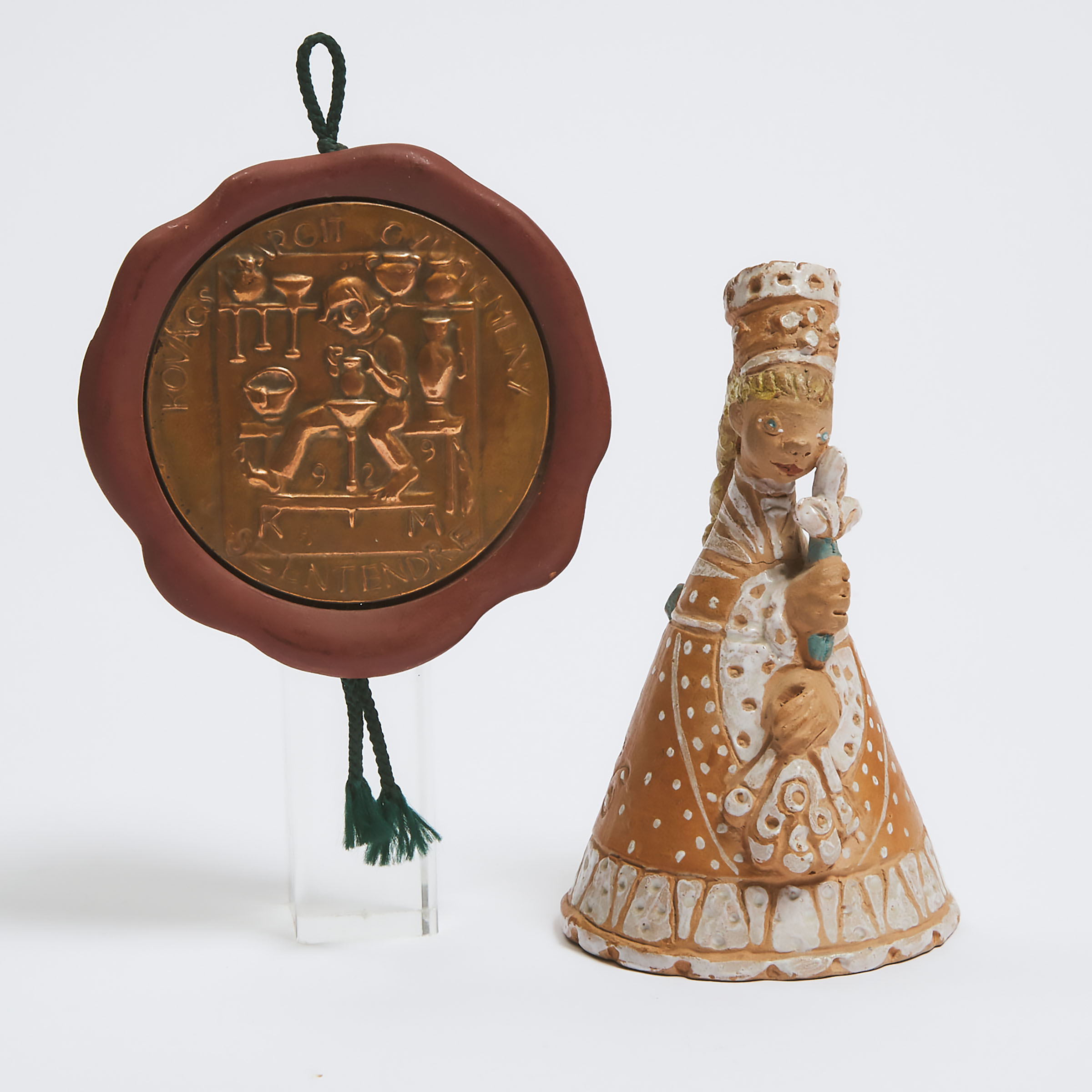 Margit Kovács Bell Shaped Figure of a Woman, Together with a Commemorative Medallion, 20th century