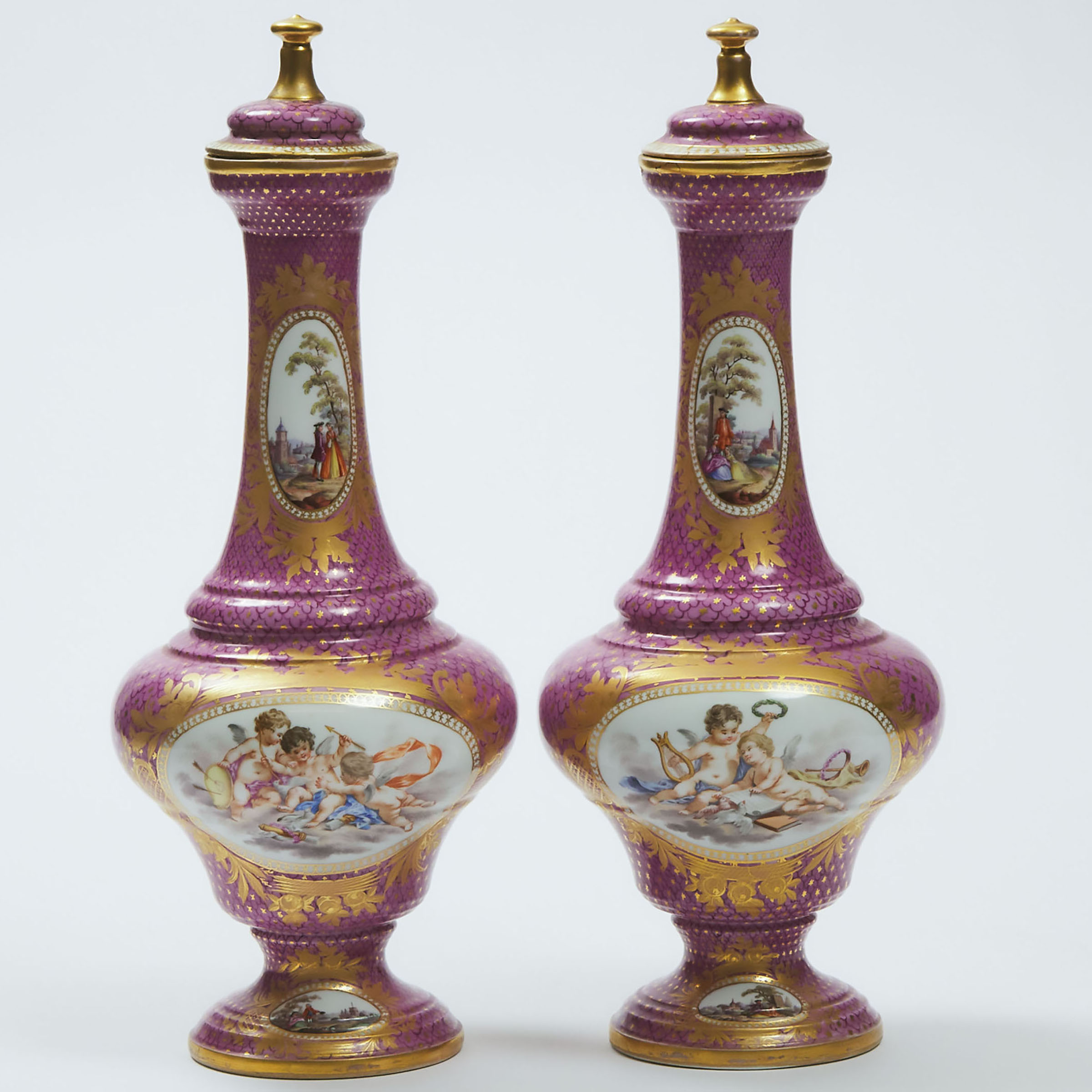 Pair of Meissen Pink Scale Ground Vases and Covers, late 19th century
