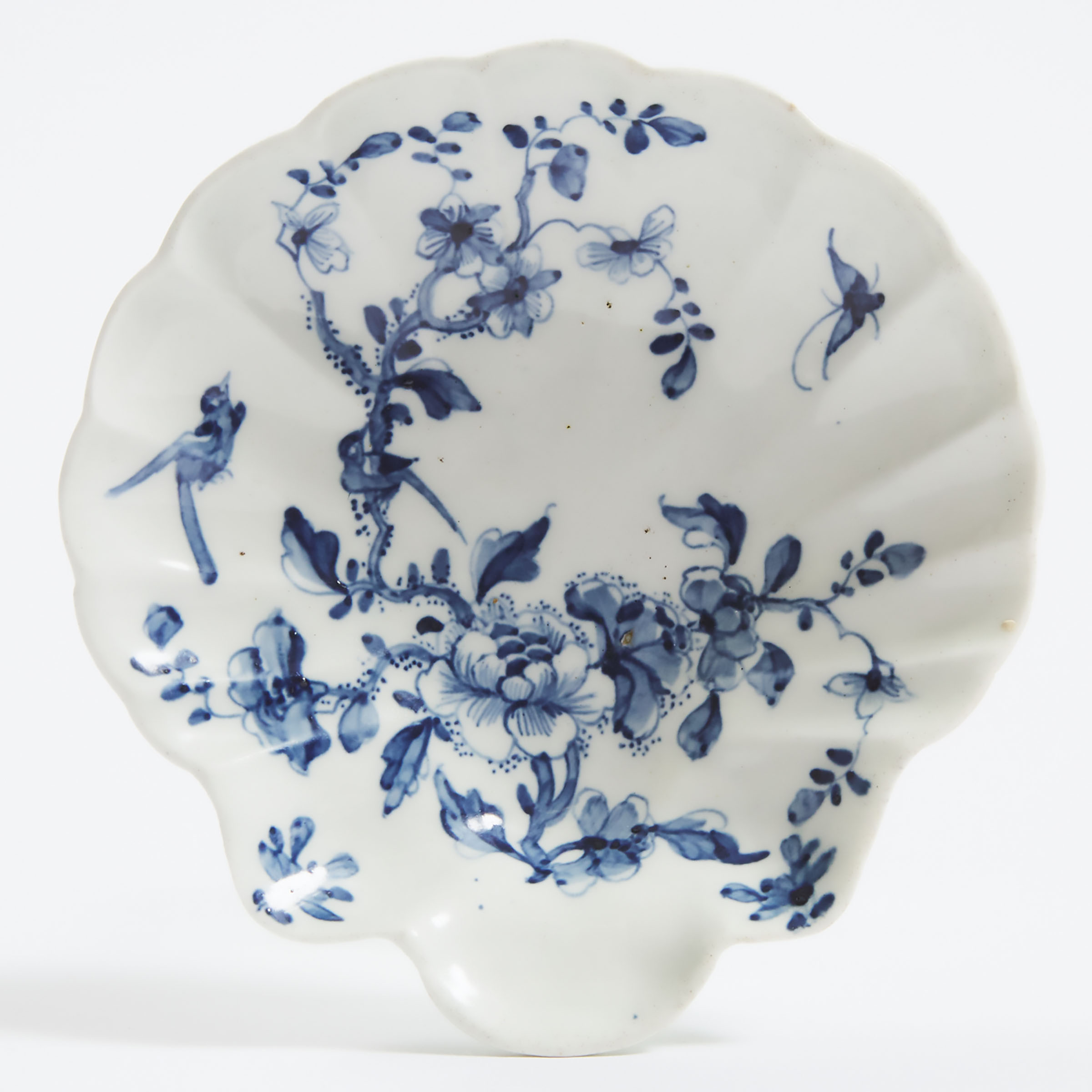 Worcester Blue Painted 'Bird on a Floral Branch' Shell Tray, c.1756