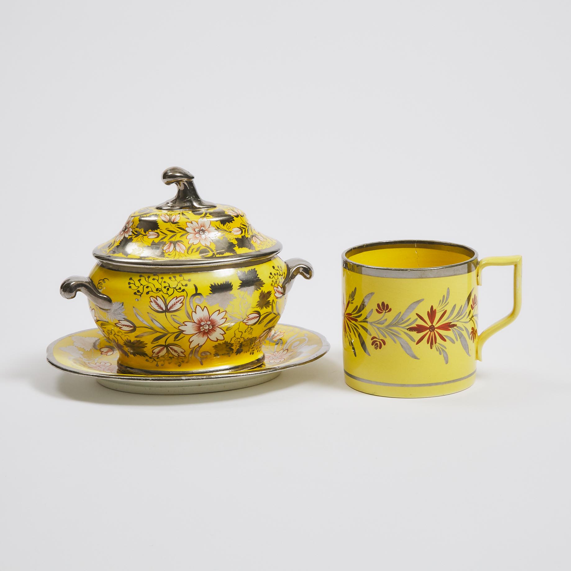 English Yellow-Ground Silver Lustre Covered Sauce Tureen with Stand, and a Cylindrical Mug, c.1830
