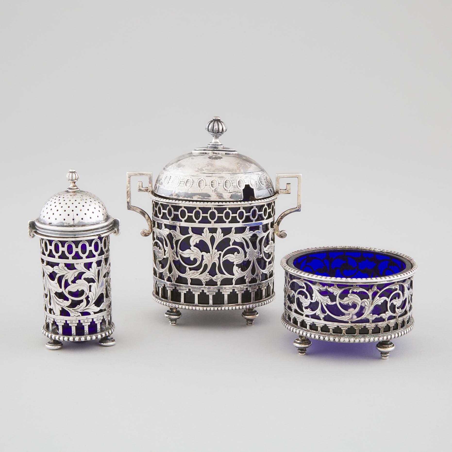 Dutch Silver Pierced and Engraved Condiment Set, 19th century