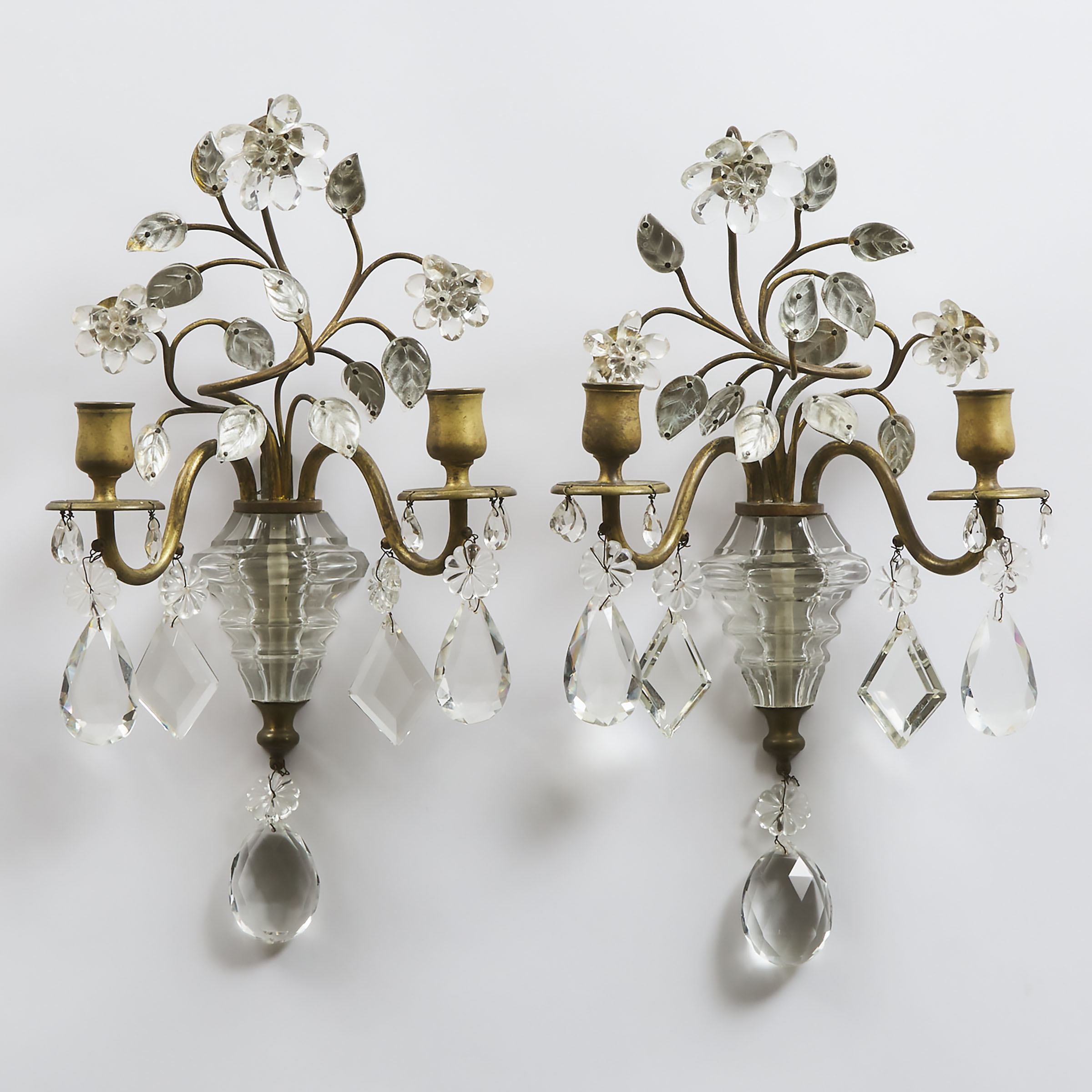 Pair of French Rock Crystal and Cut Glass Two-Light Sconces, mid 19th century