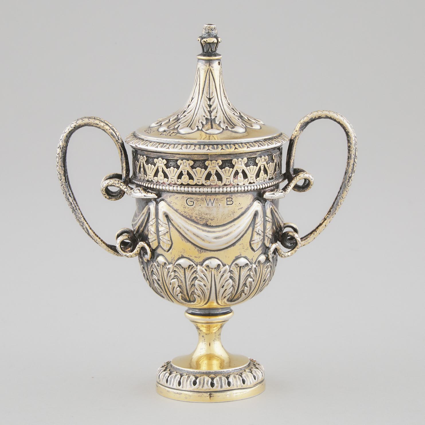 English Silver-Gilt Two-Handled Vase Shaped Cigar Lighter, Skinner & Co., London, 1911
