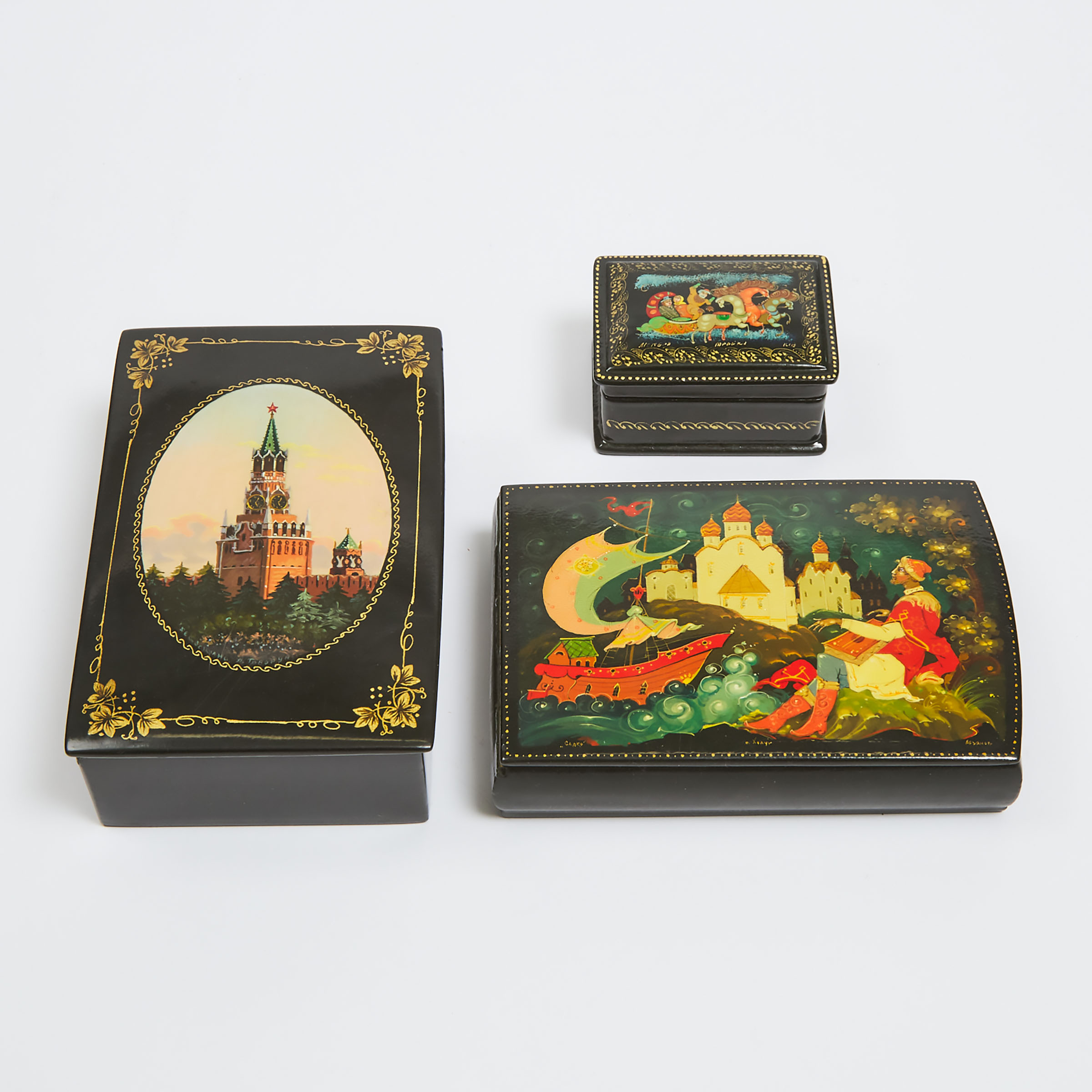 Three Soviet Russian Lacquered Boxes, Palekh and Kholuy, mid 20th century