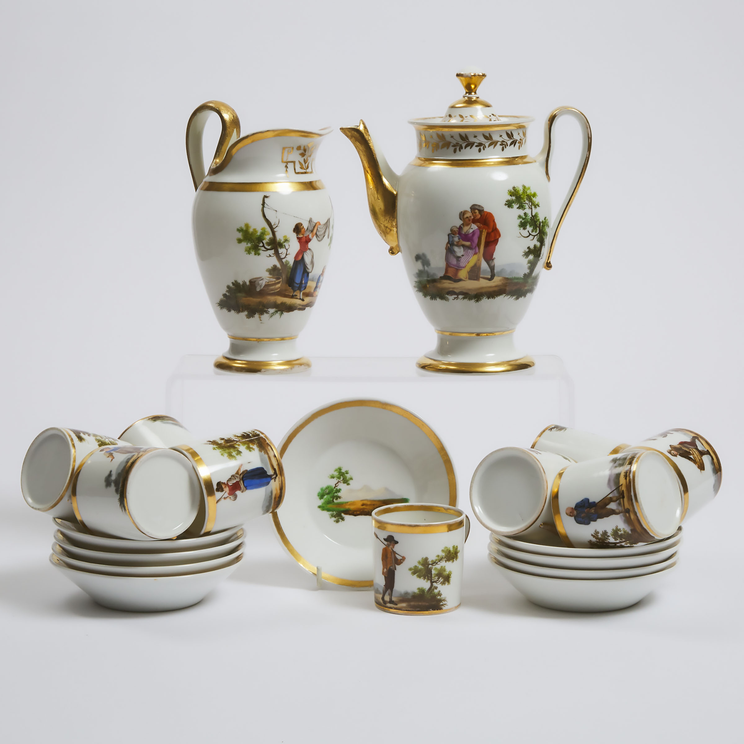 Paris Porcelain ' Peasant Costumes' Part Coffee Service, c.1830