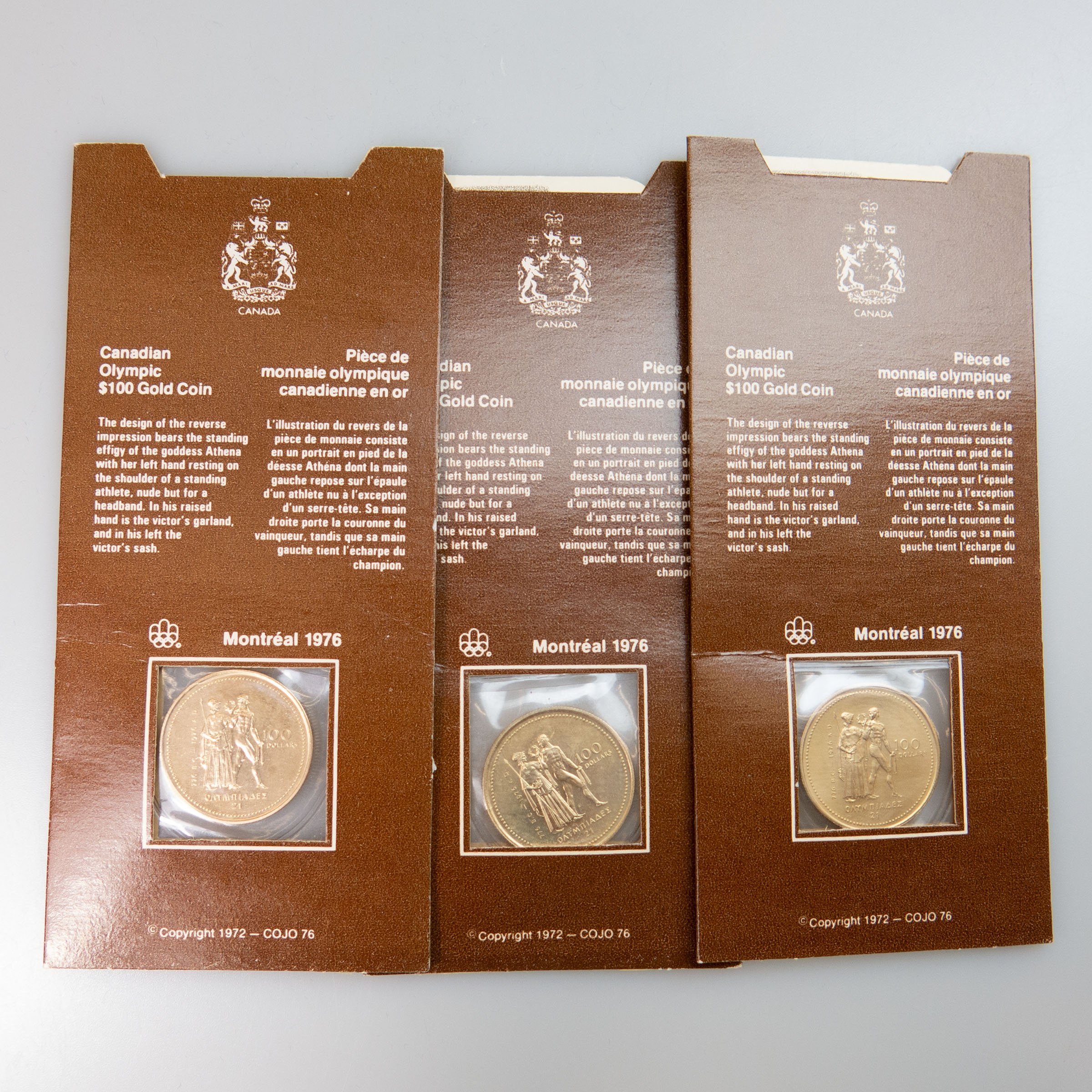 Three Canadian 1976 $100 Gold Coins, 14k version