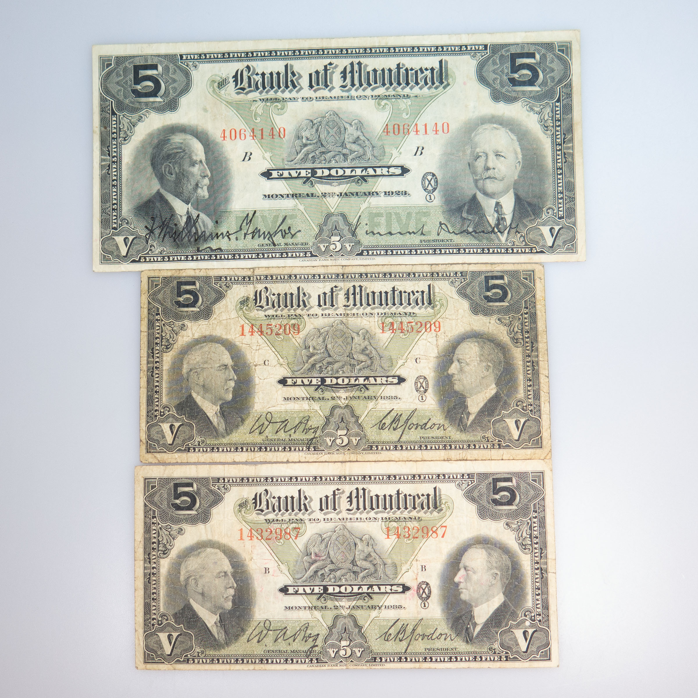 Three Bank Of Montreal $5 Bank Notes