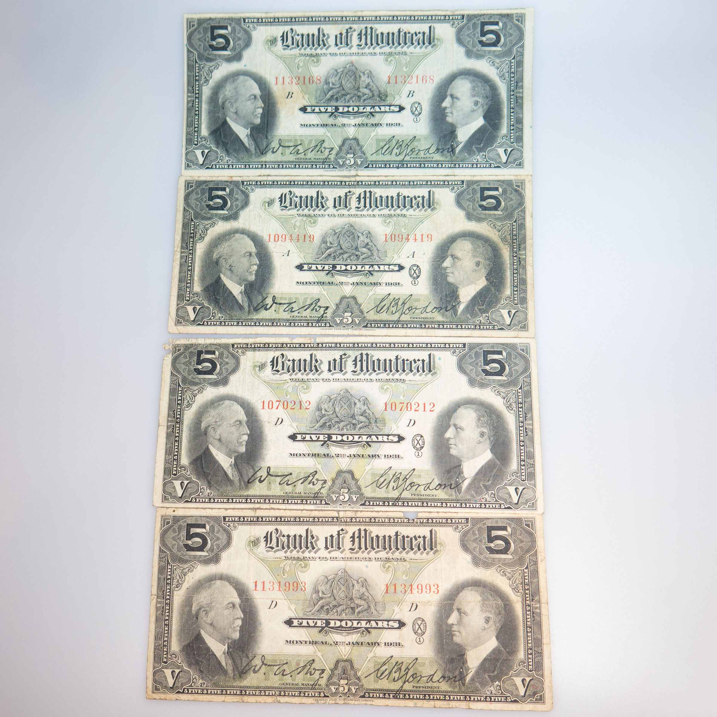 Four Bank Of Montreal 1931 $5 Bank Notes