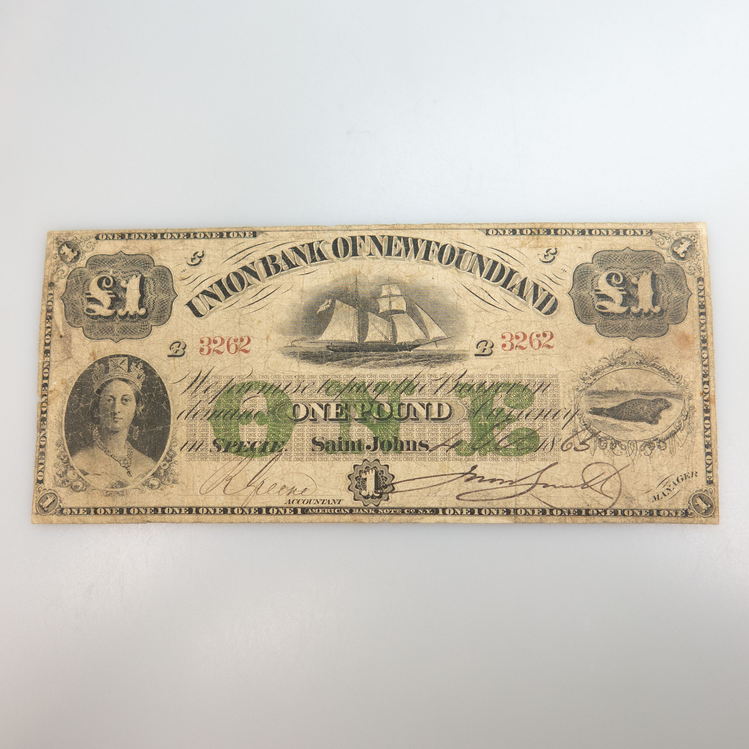 Union Bank Of Newfoundland 1865 1 Pound Bank Note