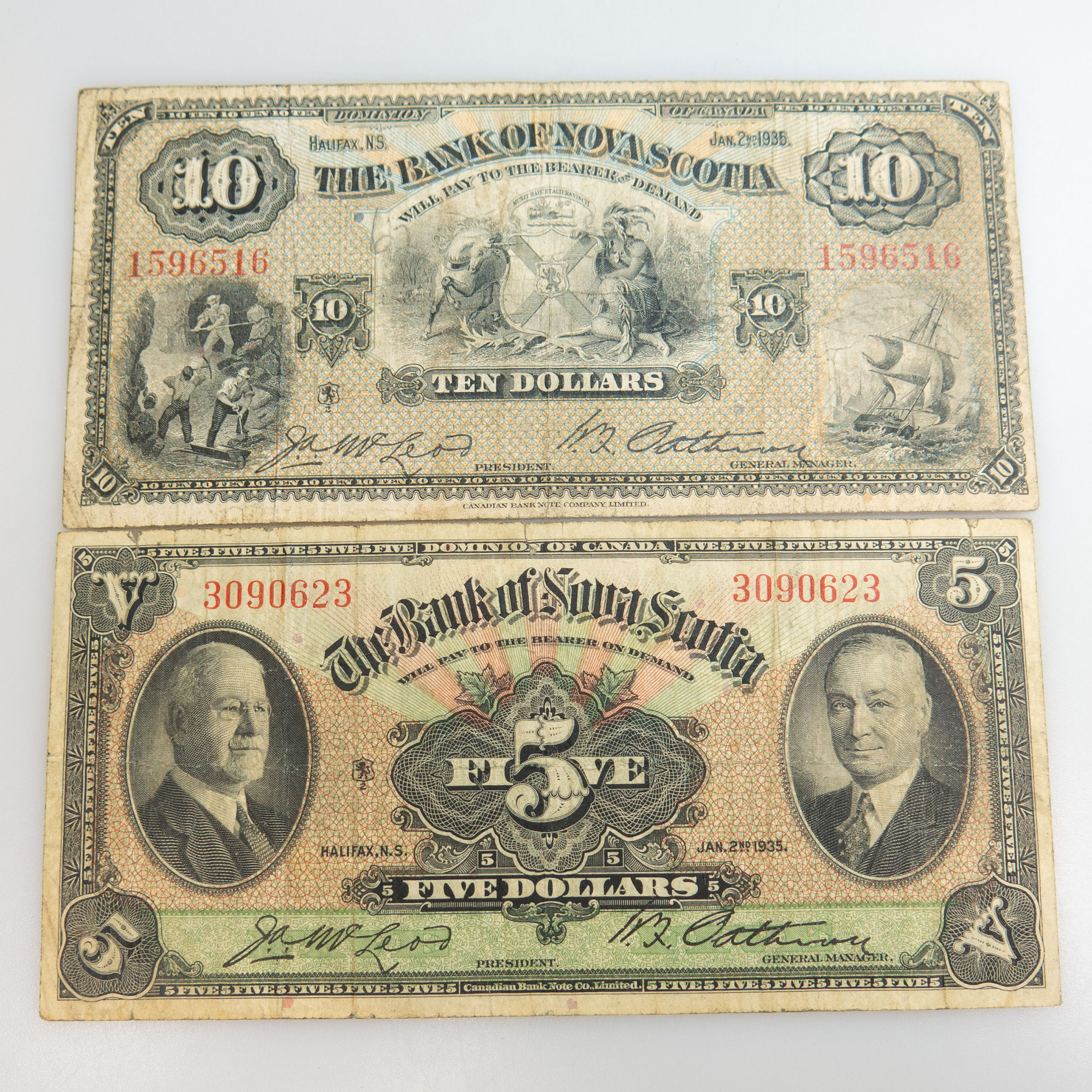 Bank Of Nova Scotia 1935 $5 and $10 Bank Notes