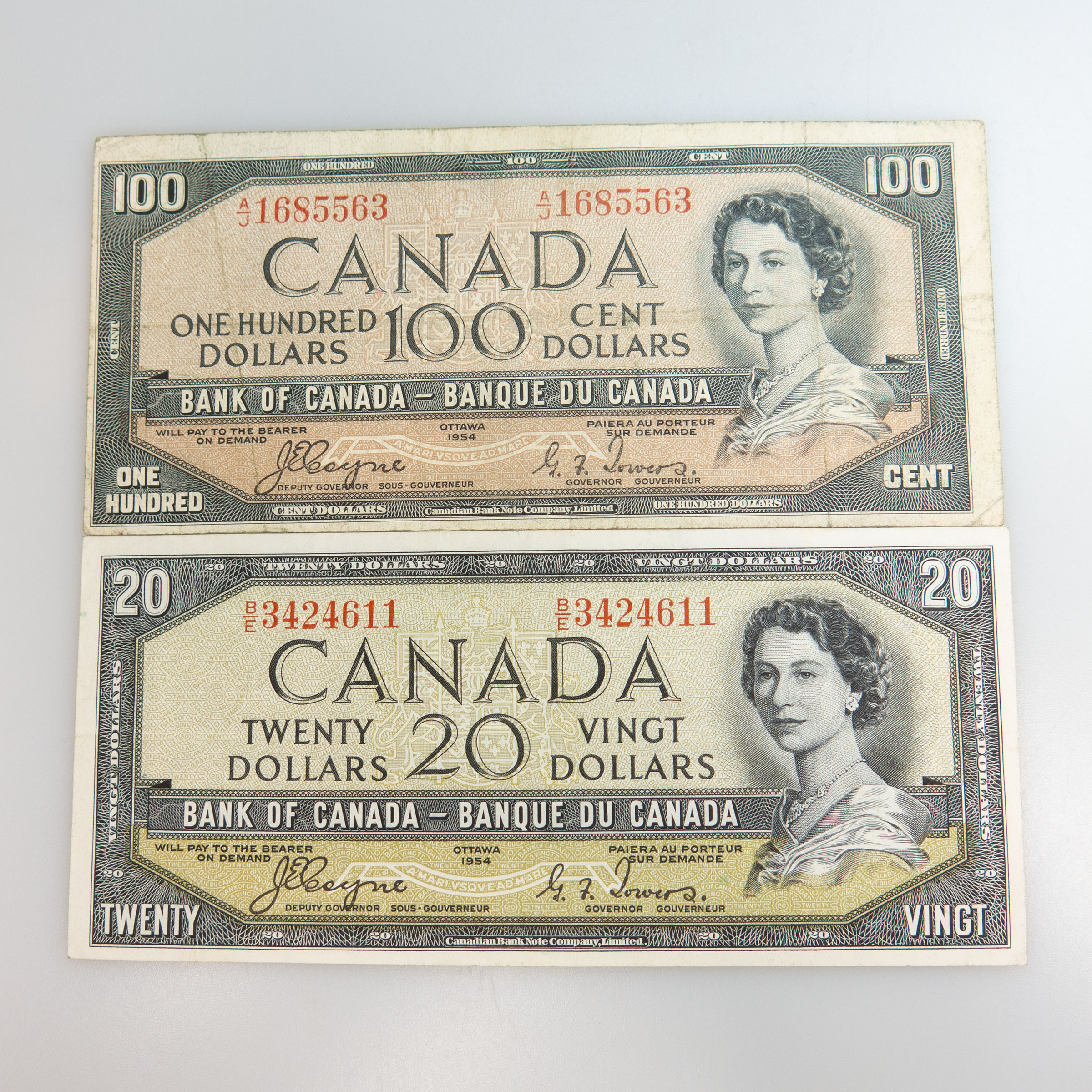 Canadian 1954 'Devil's Face' $100 and $20 Bank Notes