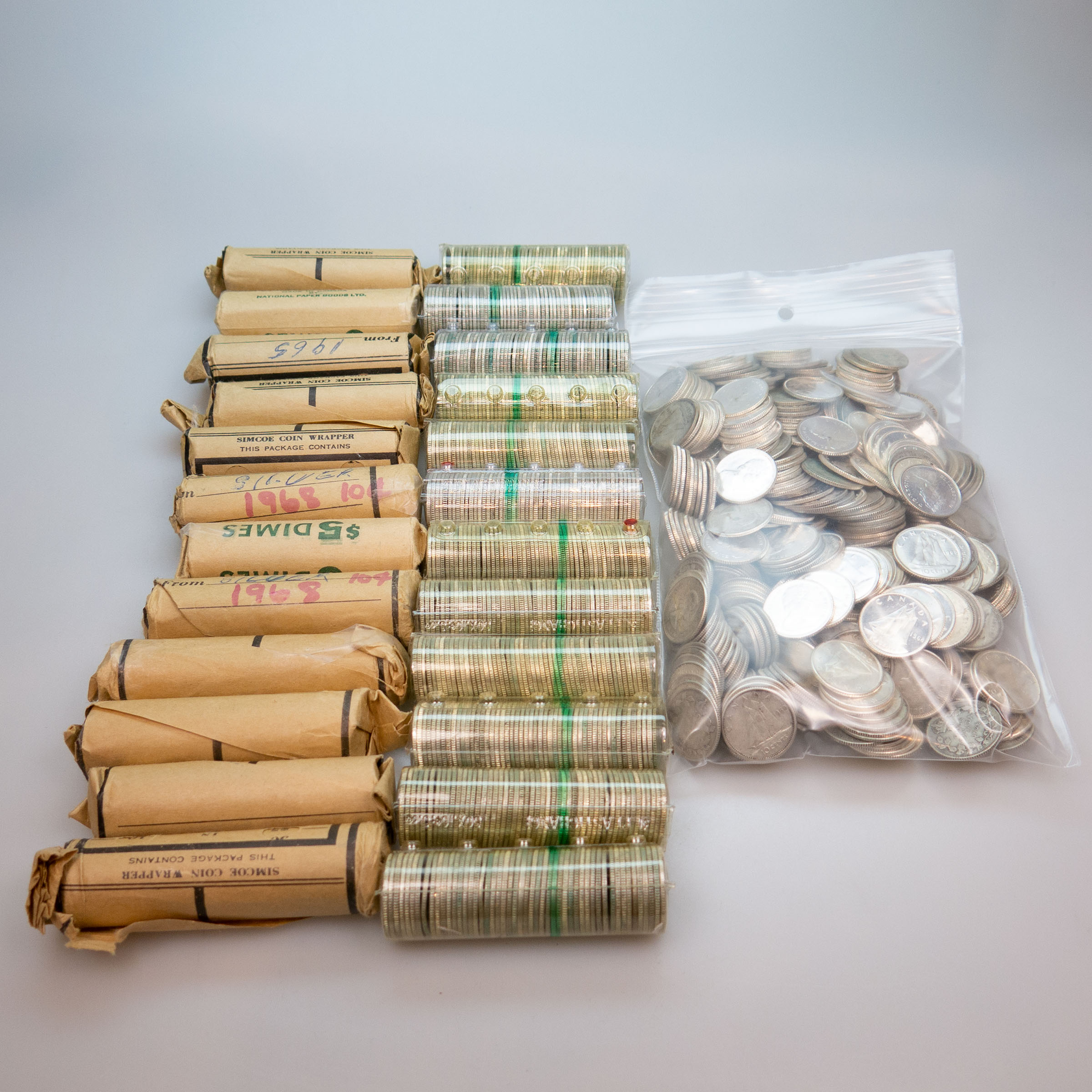 24 Rolls And 453 Loose Canadian Silver Dimes And Ten Cent Coins