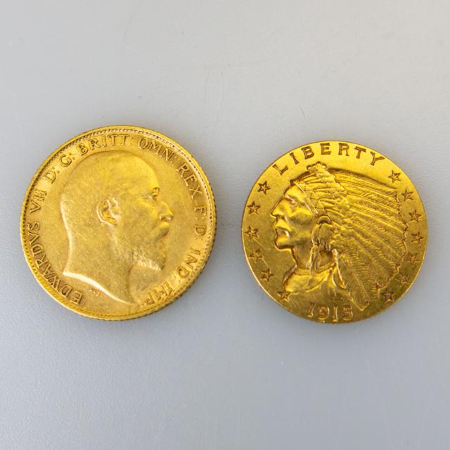 British 1907 Half Sovereign And An American 1915 2 & 1/2 Dollar Quarter Eagle