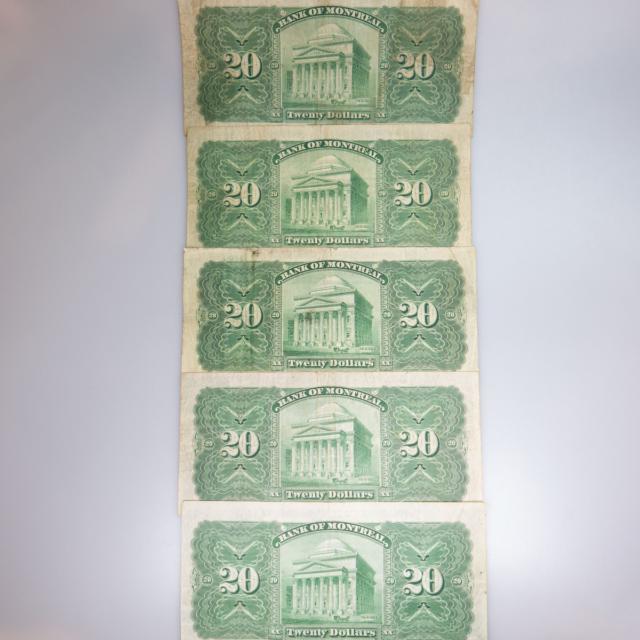 Five Bank Of Montreal 1923 $20 Bank Notes