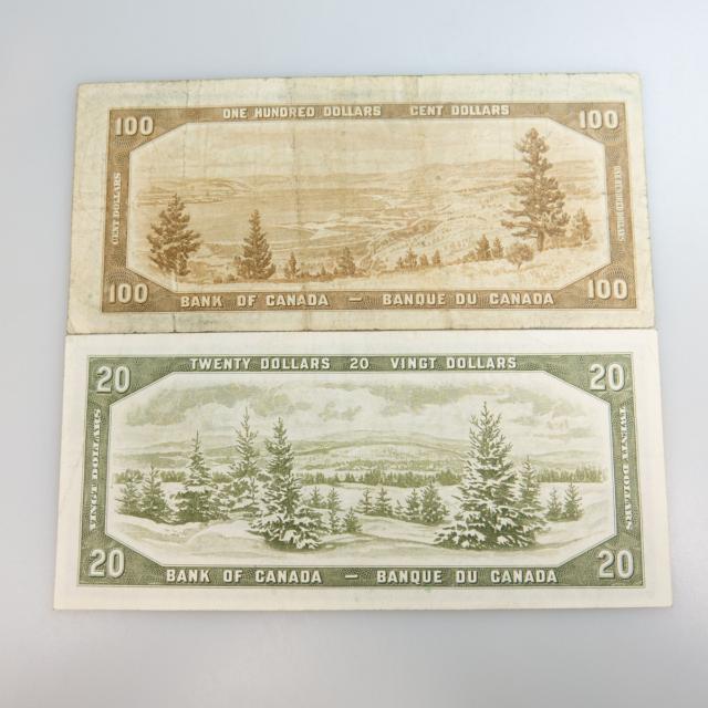 Canadian 1954 'Devil's Face' $100 and $20 Bank Notes
