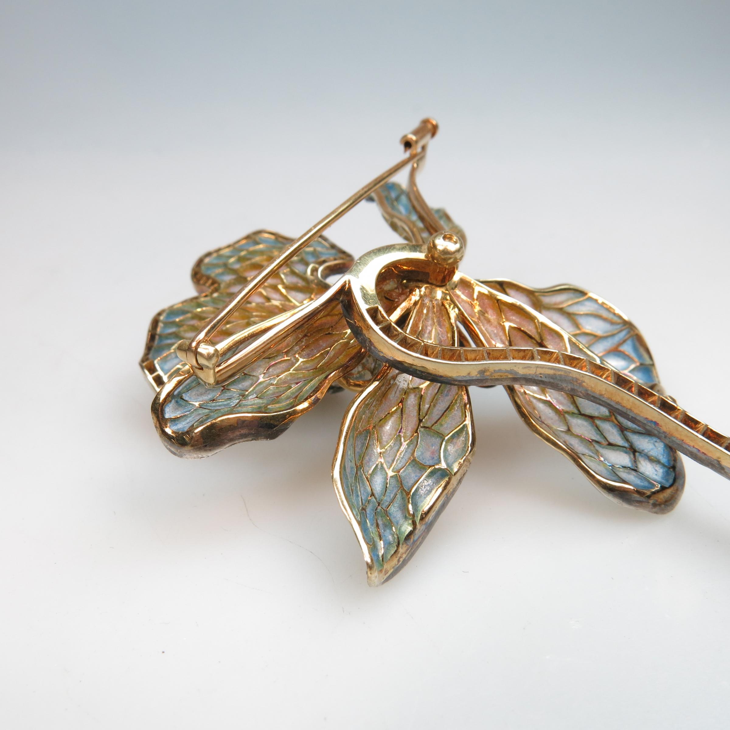 18k Yellow Gold, Silver And Enamel Brooch