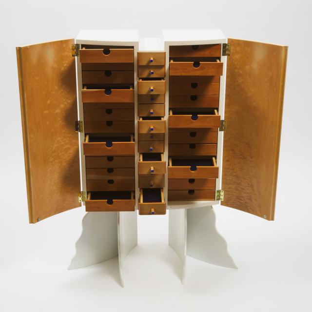 Canadian Contemporary Enamelled Wood and Curly Maple Jewellery Cabinet on Stand, Eric Dewdney, Cambridge, Ontario, late 20th century
