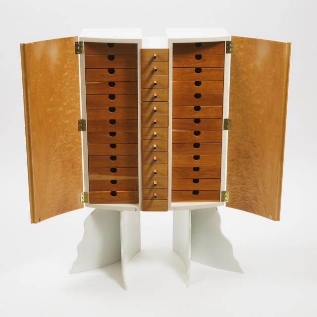 Canadian Contemporary Enamelled Wood and Curly Maple Jewellery Cabinet on Stand, Eric Dewdney, Cambridge, Ontario, late 20th century