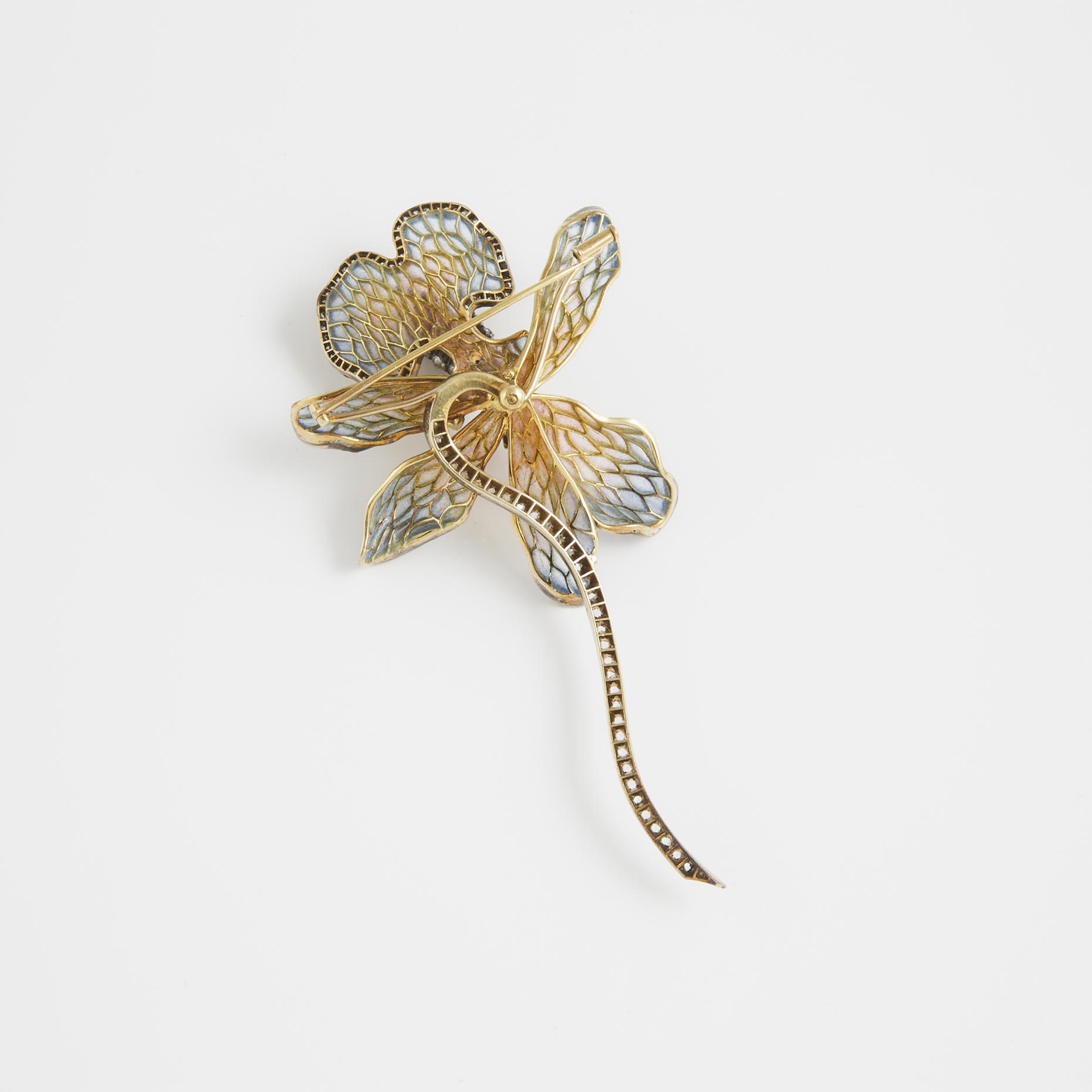 18k Yellow Gold, Silver And Enamel Brooch