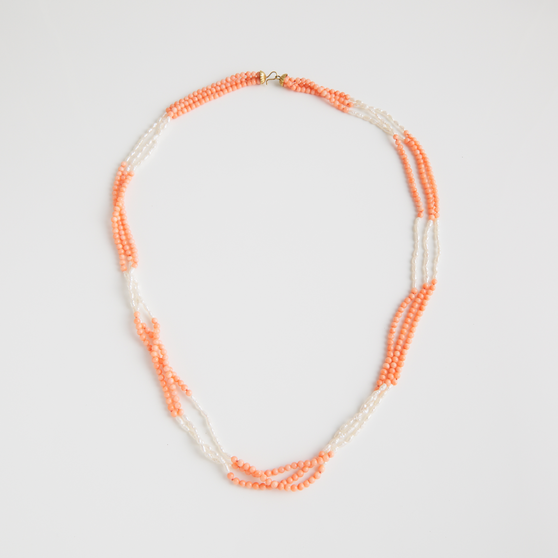 Triple Strand Freshwater Pearl And Coral Bead Necklace