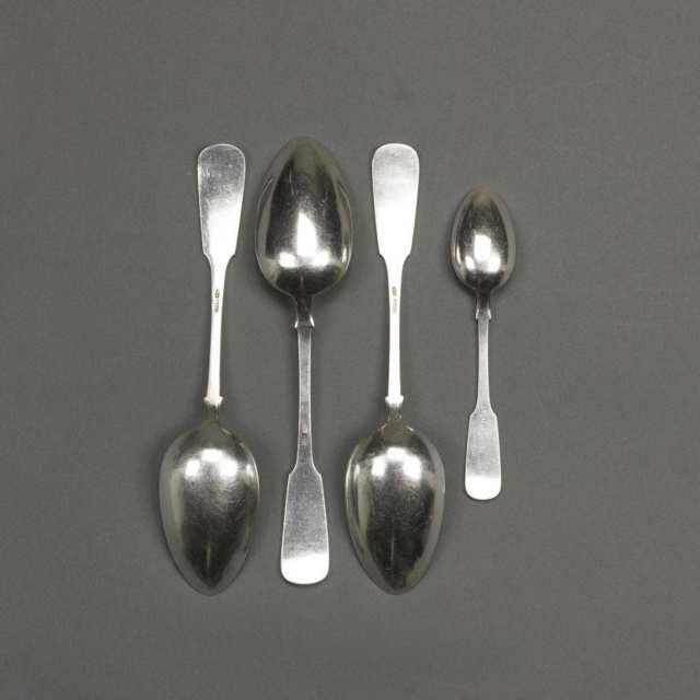 Three Russian Silver Fiddle Pattern Table Spoons and a Tea Spoon, c.1910