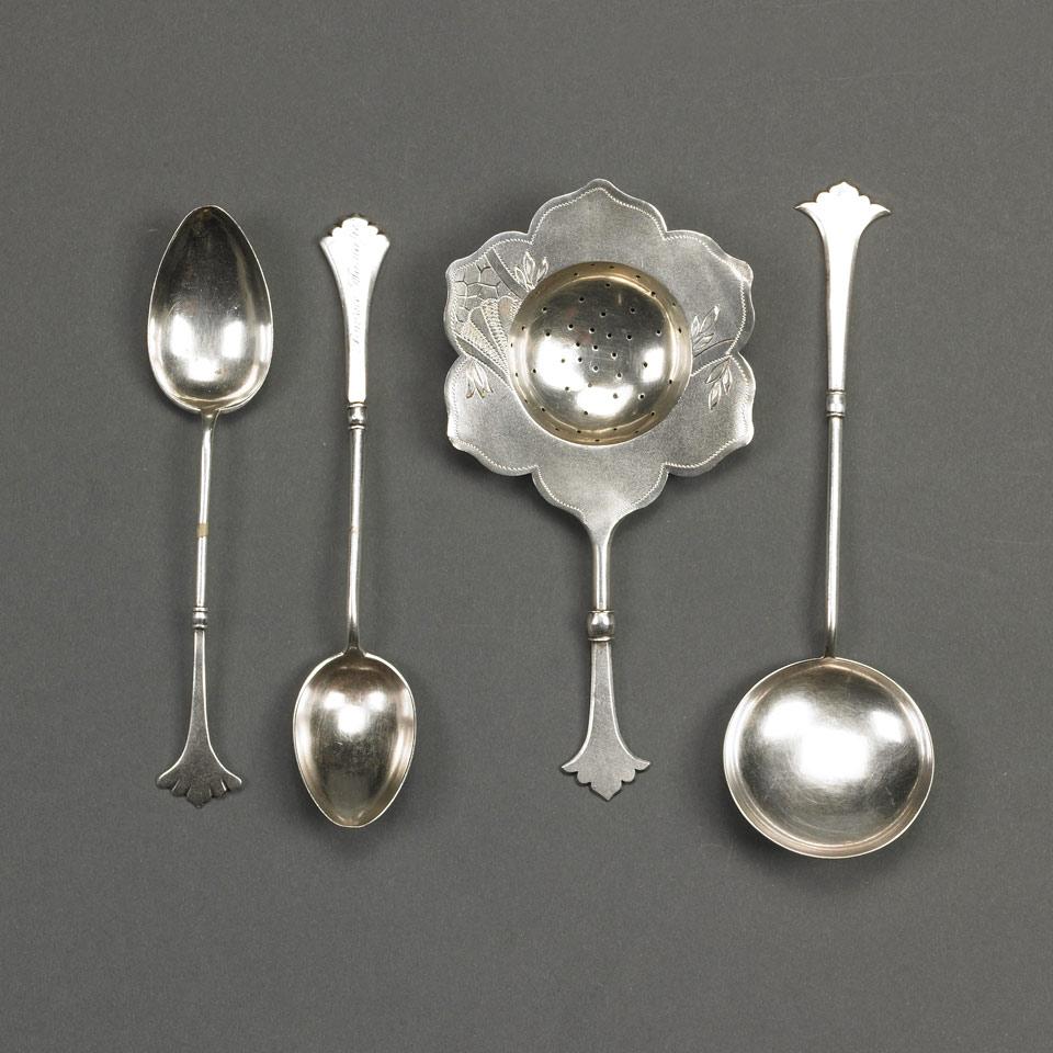 Three Russian Silver Spoons and a Tea Strainer, c.1910