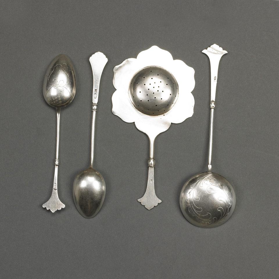Three Russian Silver Spoons and a Tea Strainer, c.1910
