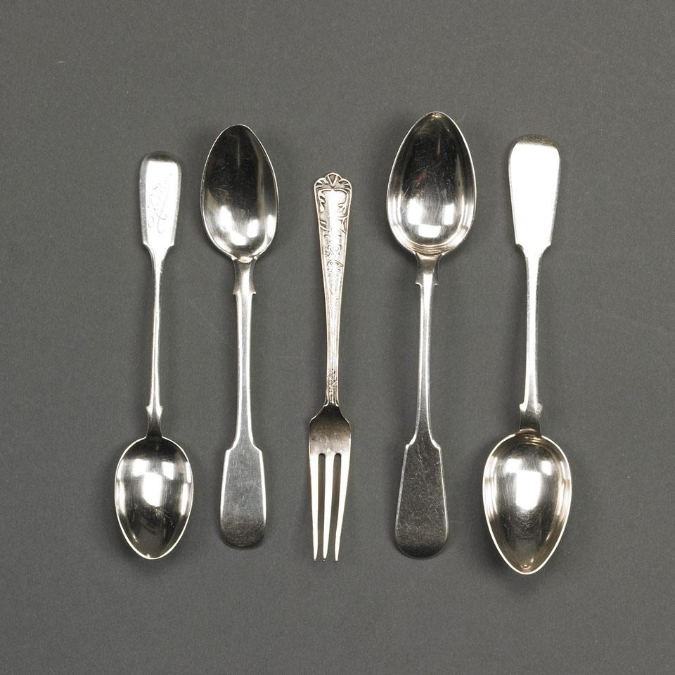 Four Russian Silver Fiddle Pattern Tea Spoons and a Small Fork, various dates and makers