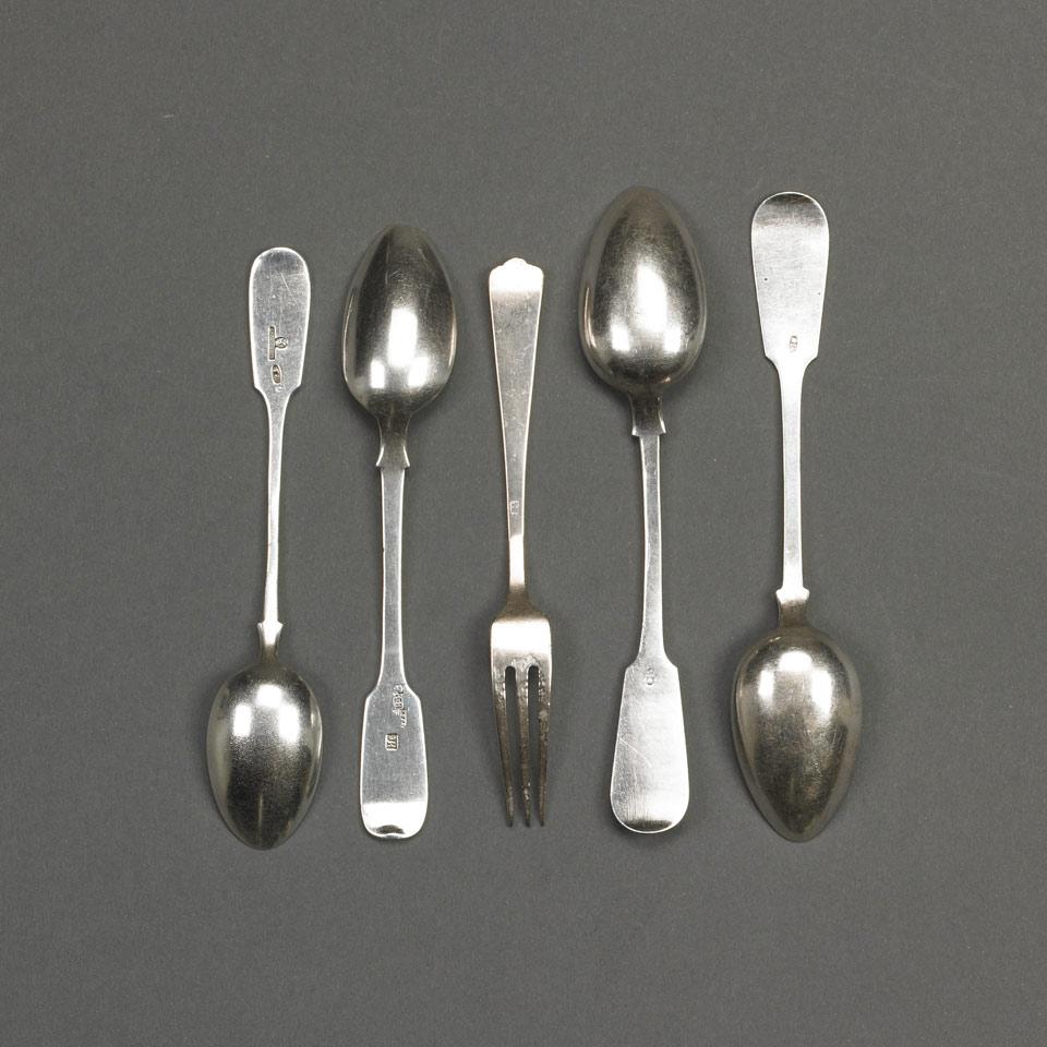 Four Russian Silver Fiddle Pattern Tea Spoons and a Small Fork, various dates and makers