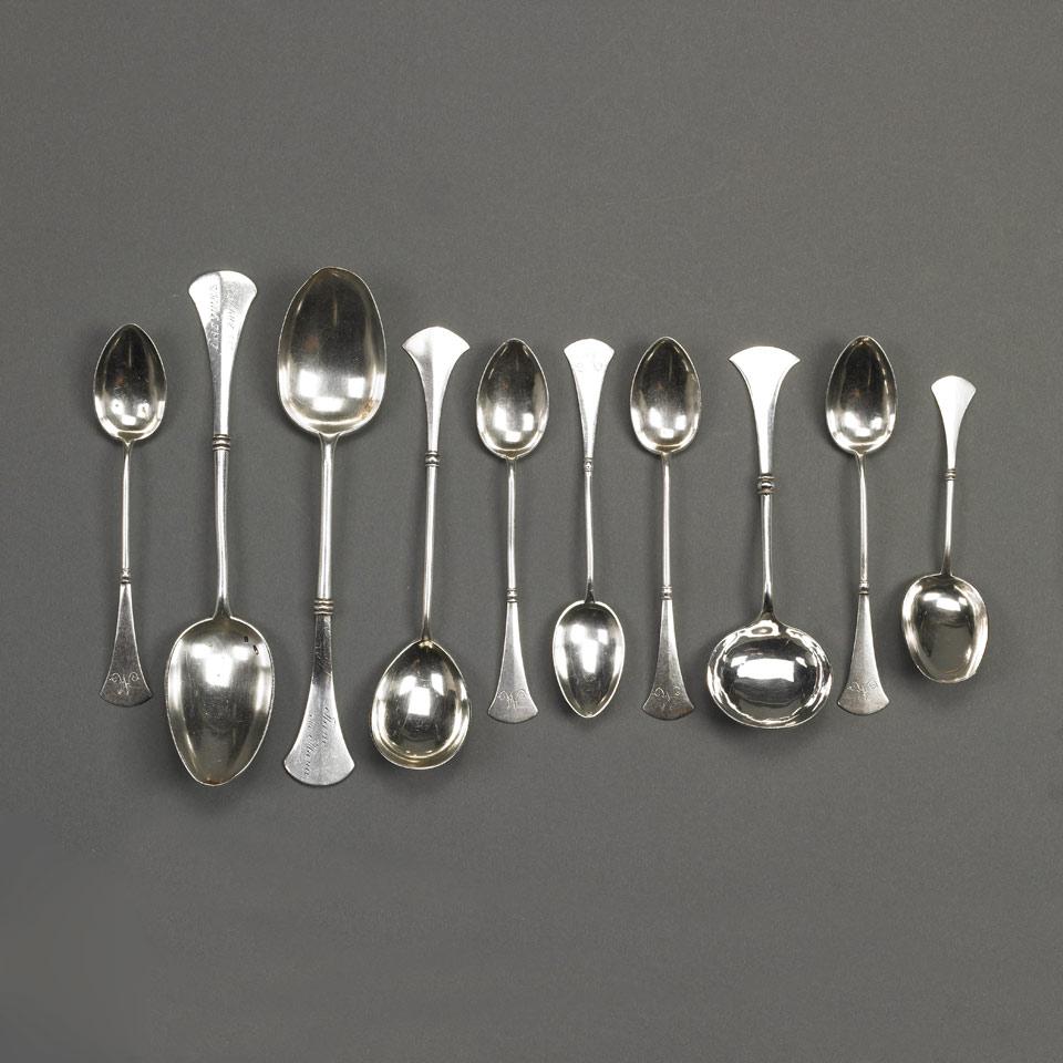 Nine Russian Silver Spoons and a Ladle, c.1910