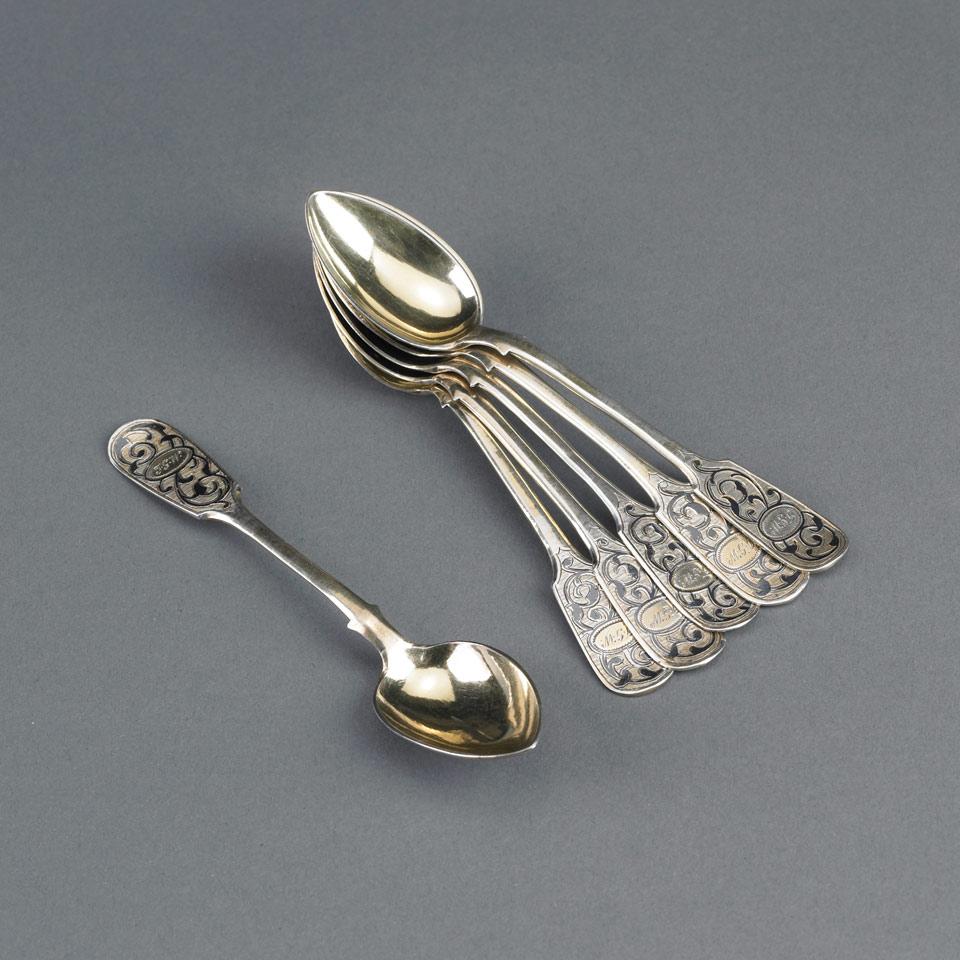 Six Russian Engraved and Nielloed Silver-Gilt Tea Spoons, Moscow, 1865