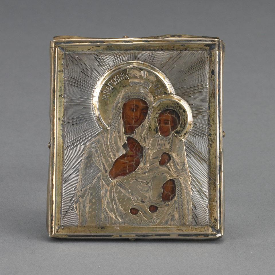 Russian Silver Parcel Gilt and Painted Small Icon of the Mother of God of Kazan, Moscow, late 19th century